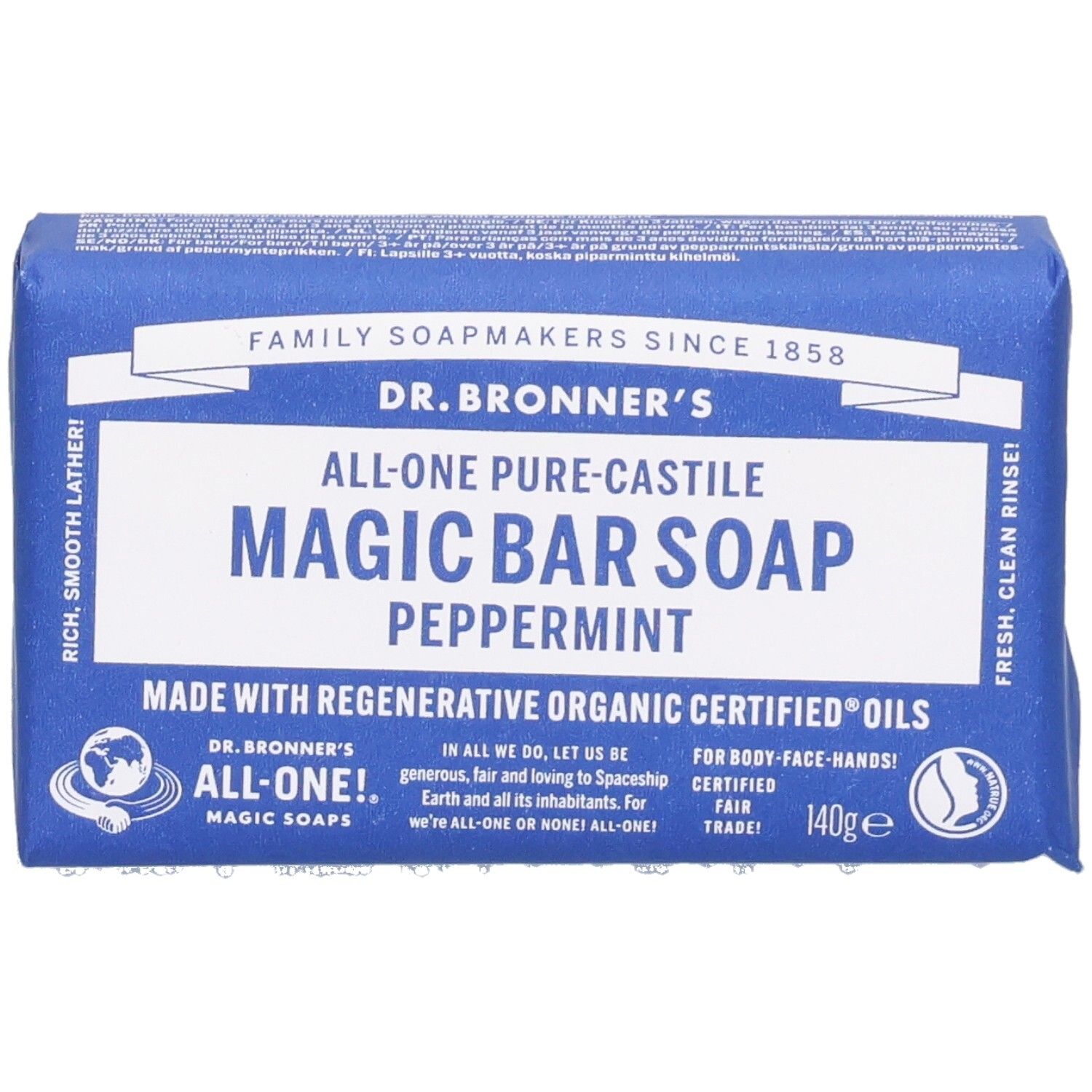 Blauw verpakte zeep. Opschrift: Dr. Bronner's Magic Bar Soap Peppermint. Met Fair Trade label en 140g.