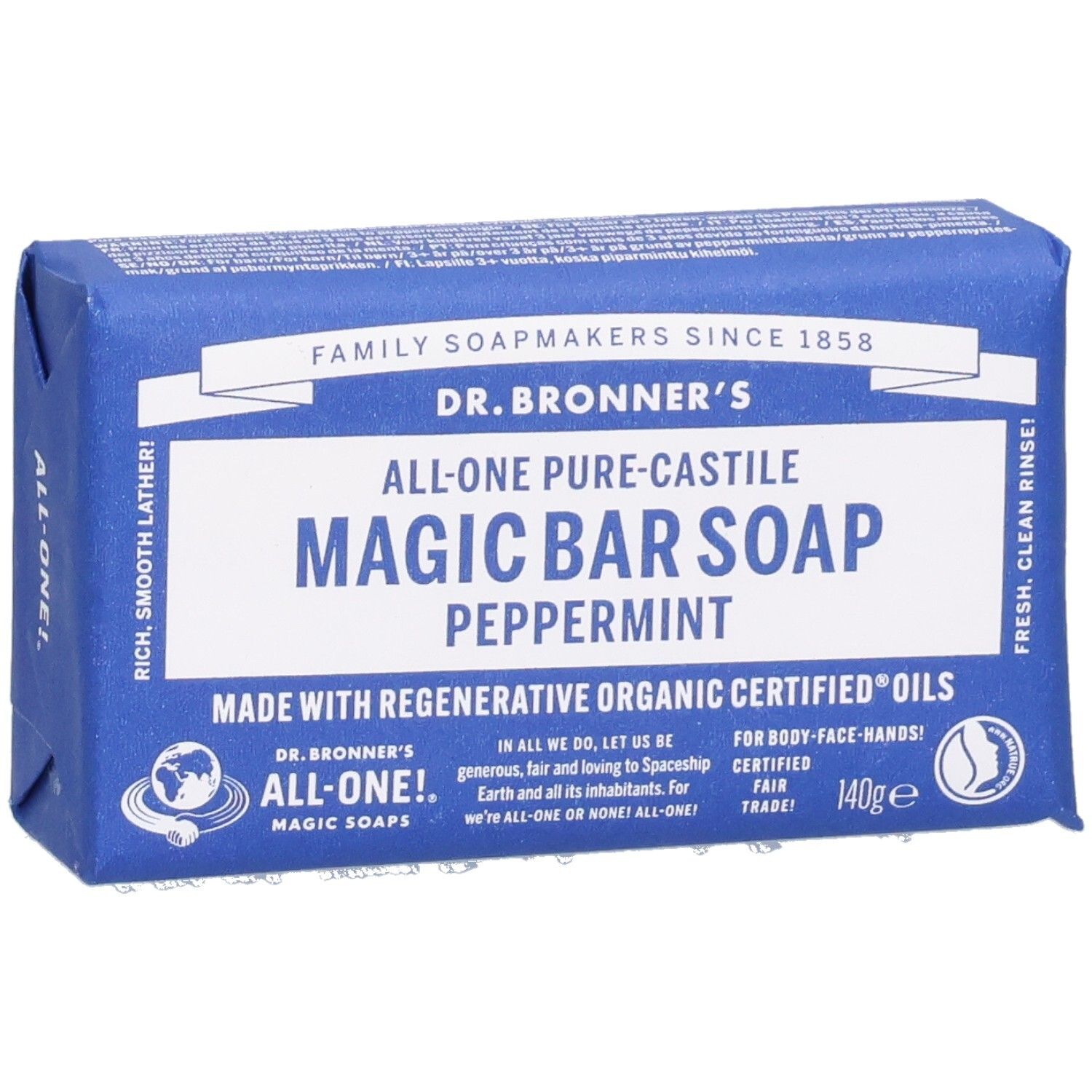Blauw verpakte zeep. Opschrift: Dr. Bronner's Magic Bar Soap Peppermint. Met Fair Trade label en 140g.