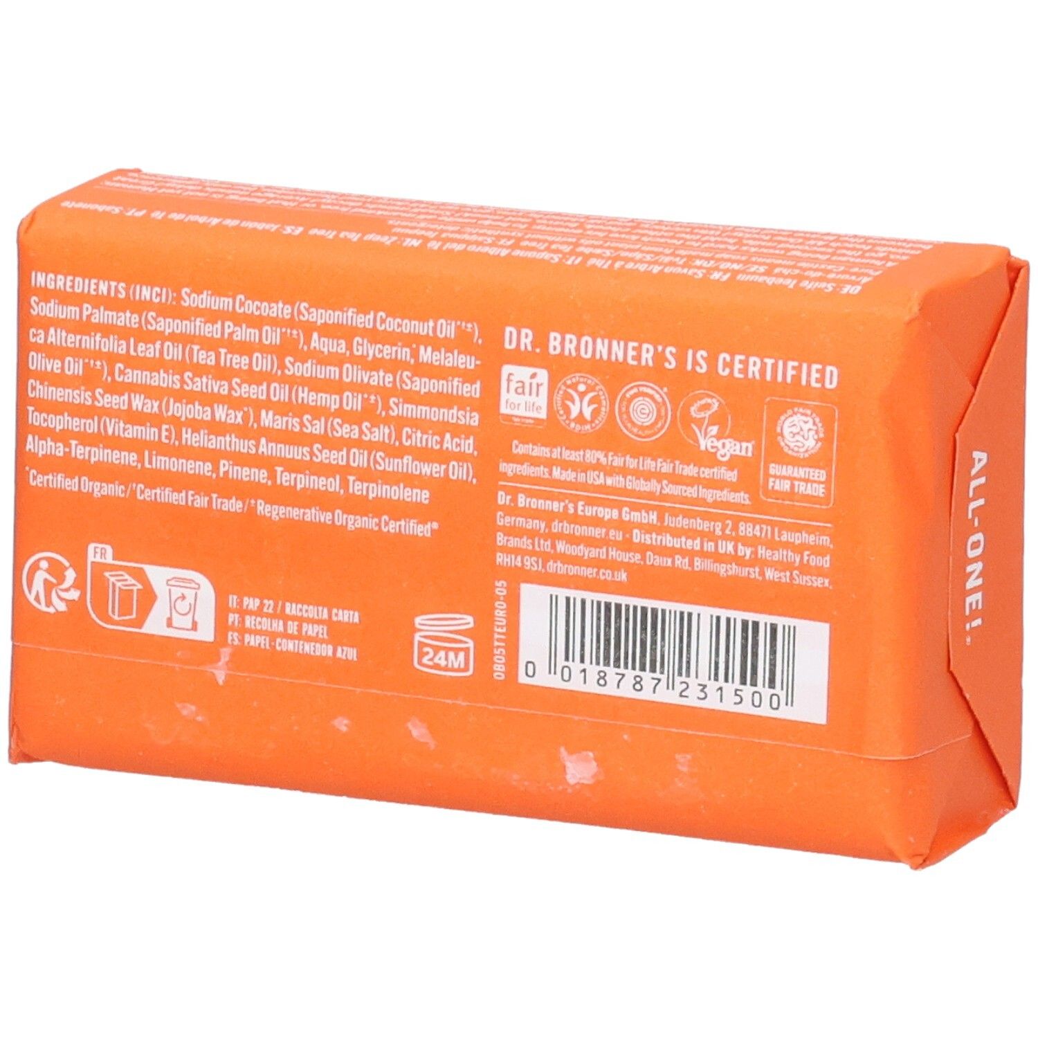 Achterkant van de zeepverpakking. Ingrediënten en certificeringen afgedrukt. Streepjescode.
