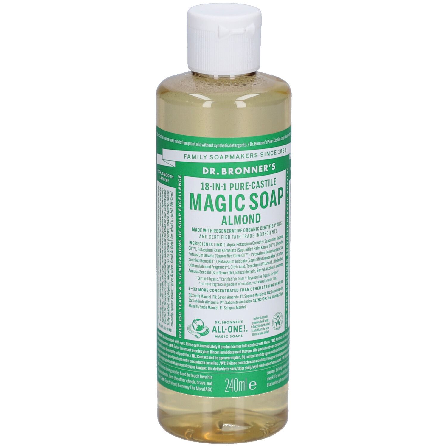 Dr. Bronner's 18-in-1 Magic Soap Amandel, 240ml, heldere vloeibare zeep in een doorzichtige fles met witte dop.