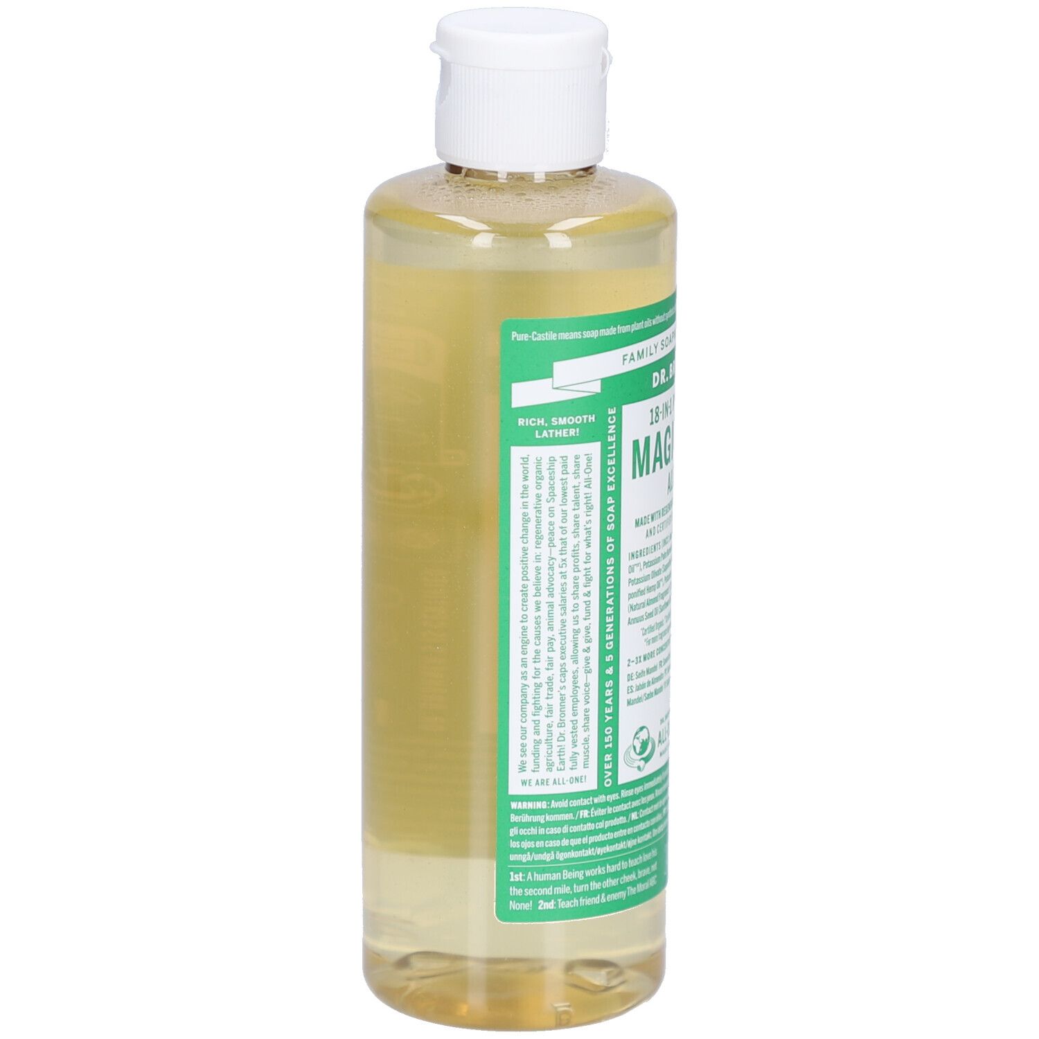 Achterkant Dr. Bronner's 18-in-1 Magic Soap Amandel, 240ml, met gedetailleerde productinformatie op het etiket.