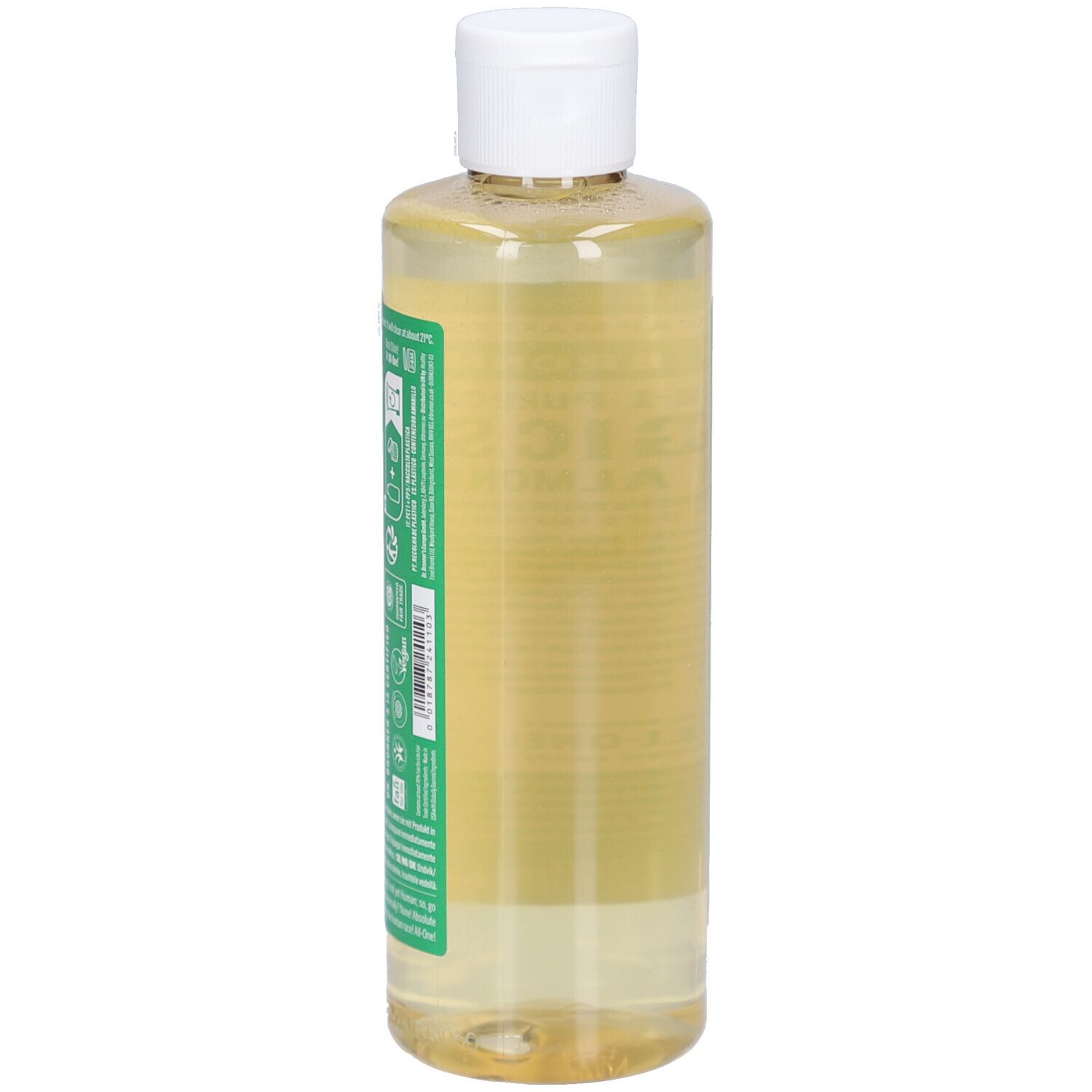 Zijaanzicht Dr. Bronner's 18-in-1 Magic Soap Amandel, 240ml, heldere vloeibare zeep in een doorzichtige fles.