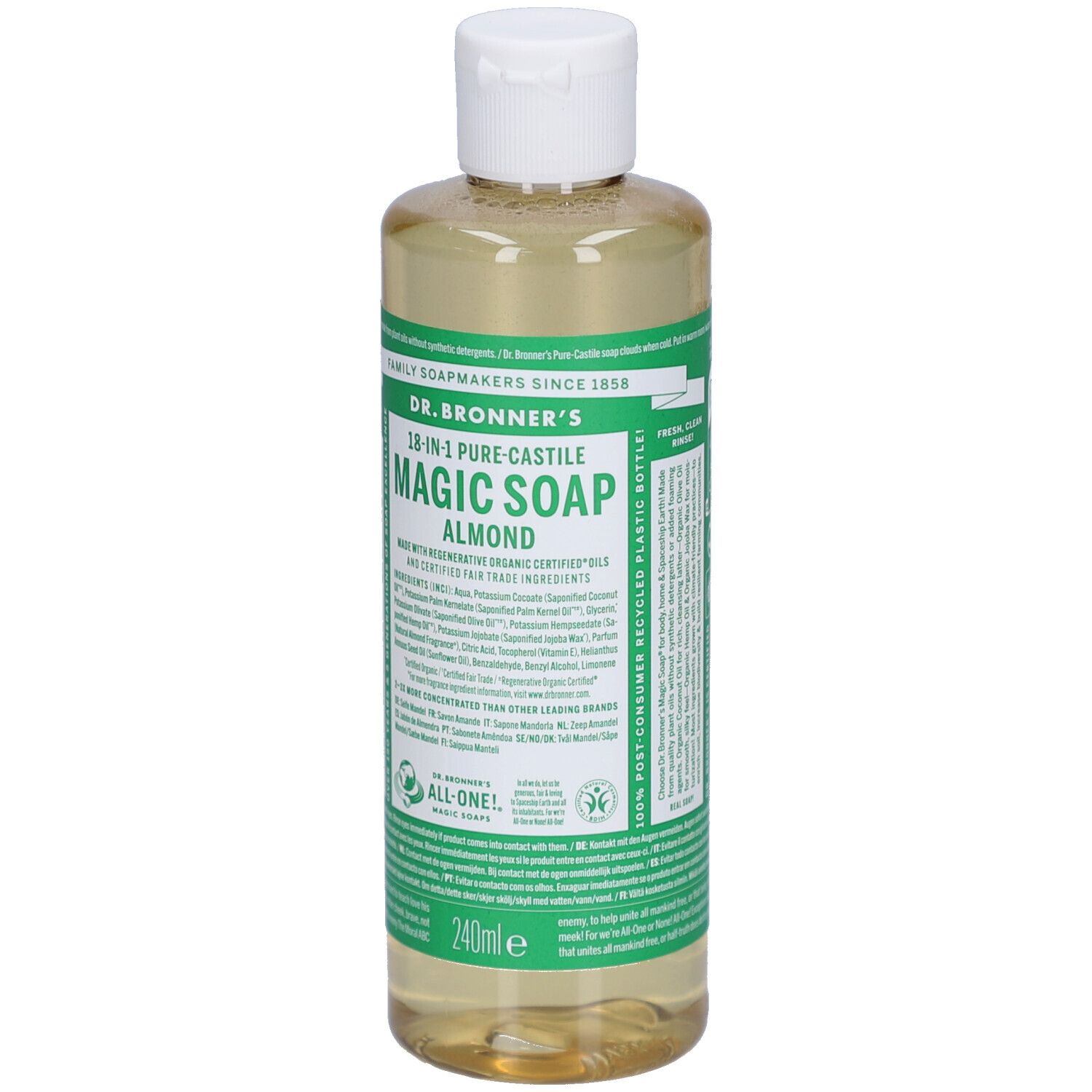 Dr. Bronner's 18-in-1 Magic Soap Amandel, 240ml, heldere vloeibare zeep in een doorzichtige fles met witte dop en groen etiket.