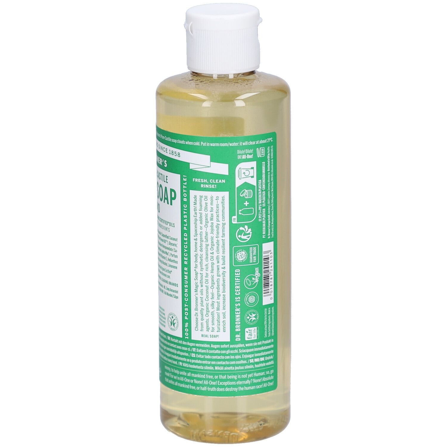 Achterkant Dr. Bronner's 18-in-1 Magic Soap Amandel, 240ml, met zegels en recyclinginformatie.