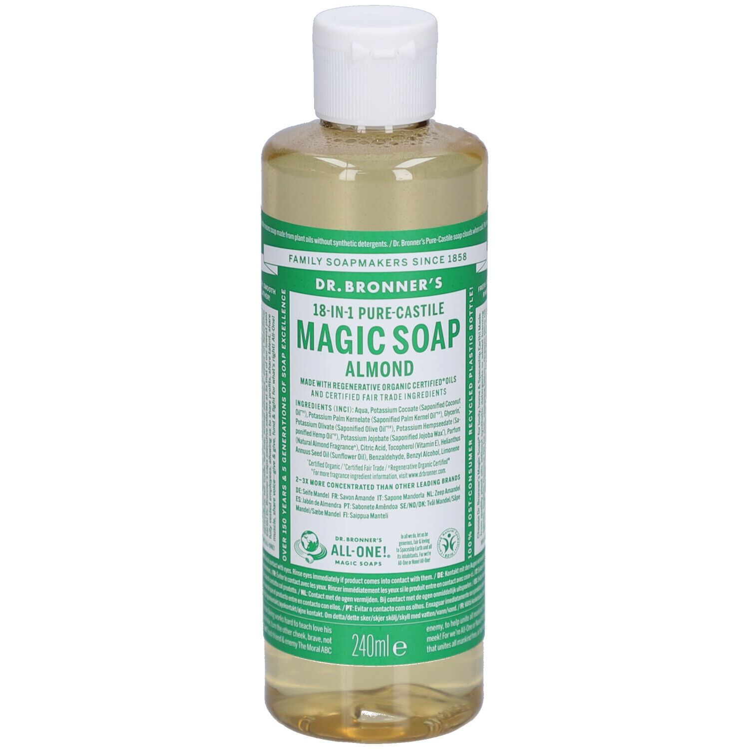 Dr. Bronner's 18-in-1 Magic Soap Amandel, 240ml, heldere vloeibare zeep in een doorzichtige fles, vooraanzicht.