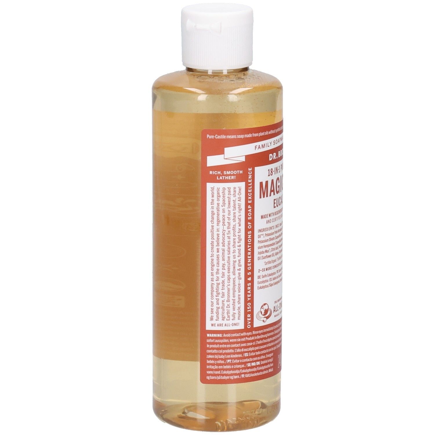 Savon liquide en flacon transparent à bouchon blanc. Étiquette avec nom du produit et ingrédients. Vue arrière.