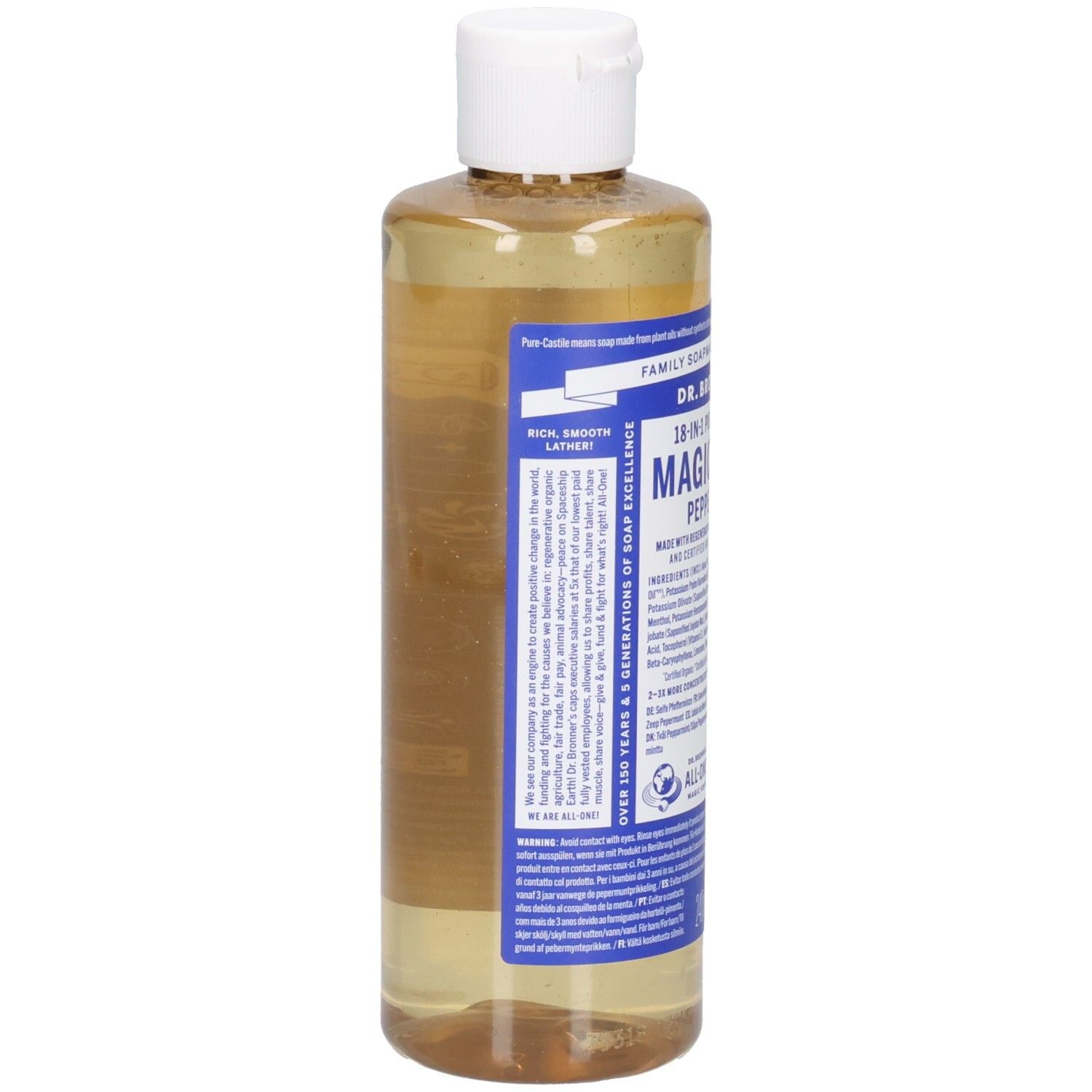 Vue arrière de la bouteille de savon Dr. Bronner's Peppermint Magic. Étiquettes bleues avec texte sur fond transparent.