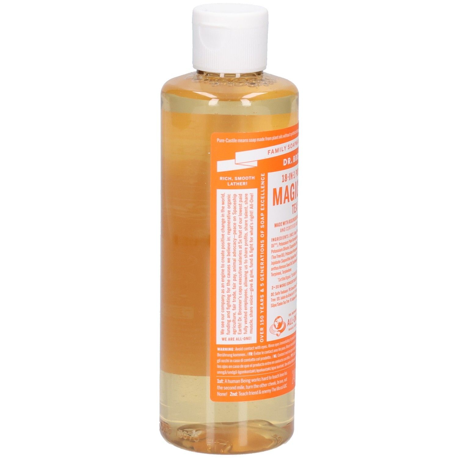 Vue arrière de la bouteille de savon liquide. Étiquette orange avec texte. Bouchon blanc. Contenu clair.