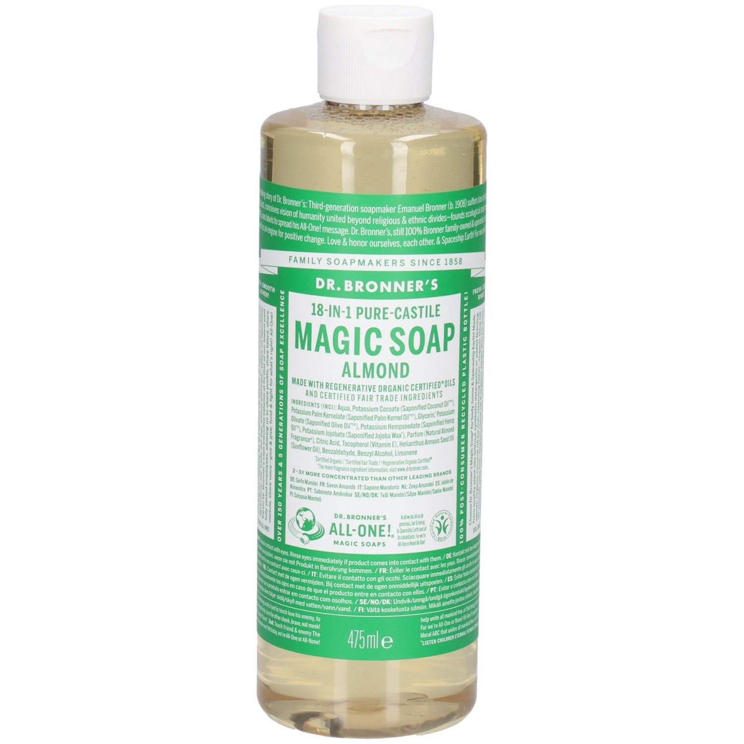 Dr. Bronner's Almond Magic Soap. Fles met witte dop. Groene en witte etiketten met productinfo. 475ml.