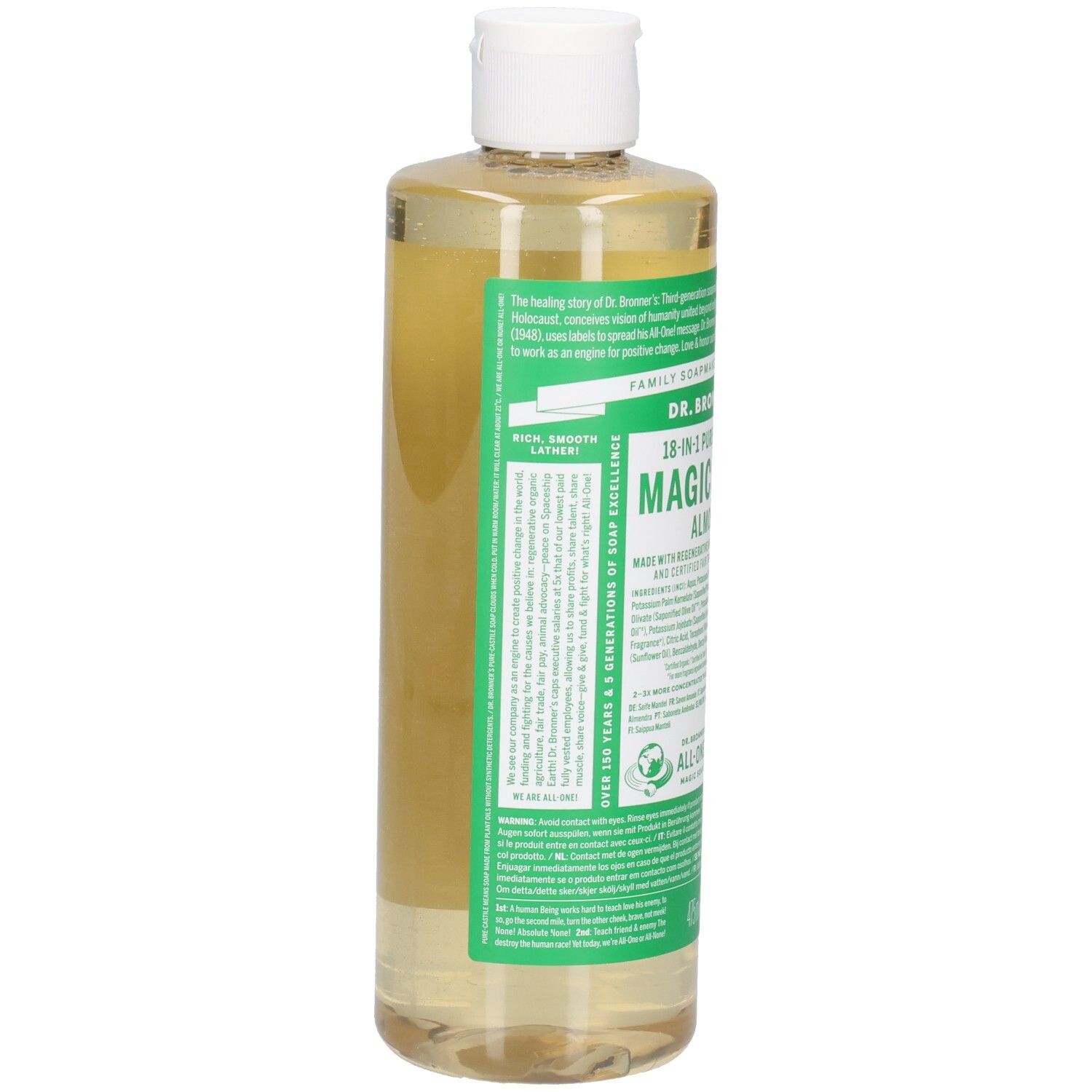 Dr. Bronner's Almond Magic Soap. Fles met witte dop. Groene en witte etiketten met productinfo. Achteraanzicht.