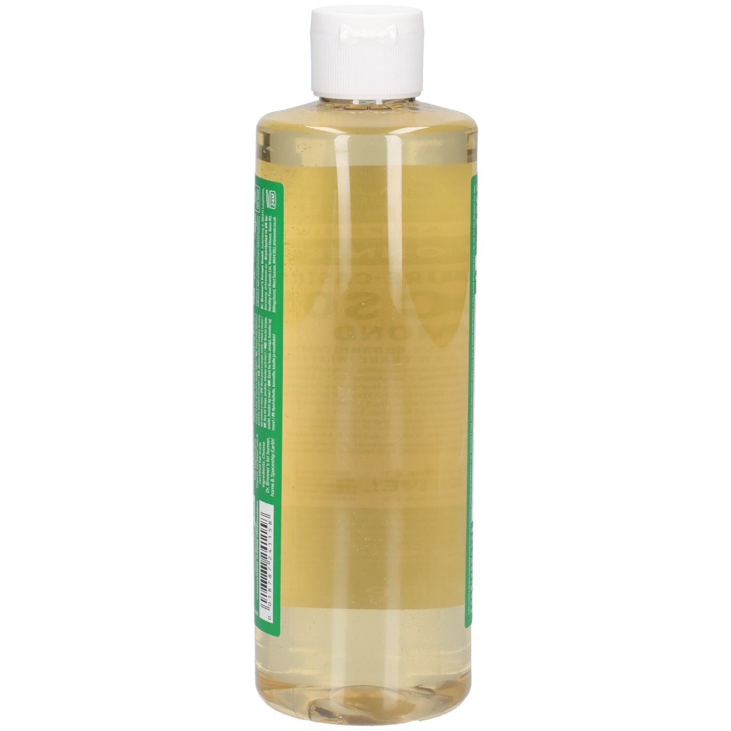 Dr. Bronner's Almond Magic Soap. Fles met witte dop. Groene en witte etiketten met productinfo. Zijaanzicht.