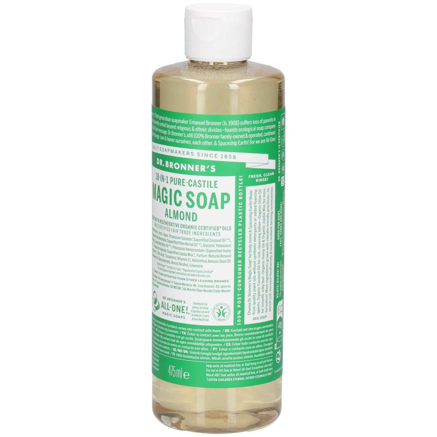 Dr. Bronner's Almond Magic Soap. Fles met witte dop. Groene en witte etiketten met productinfo. 475ml.
