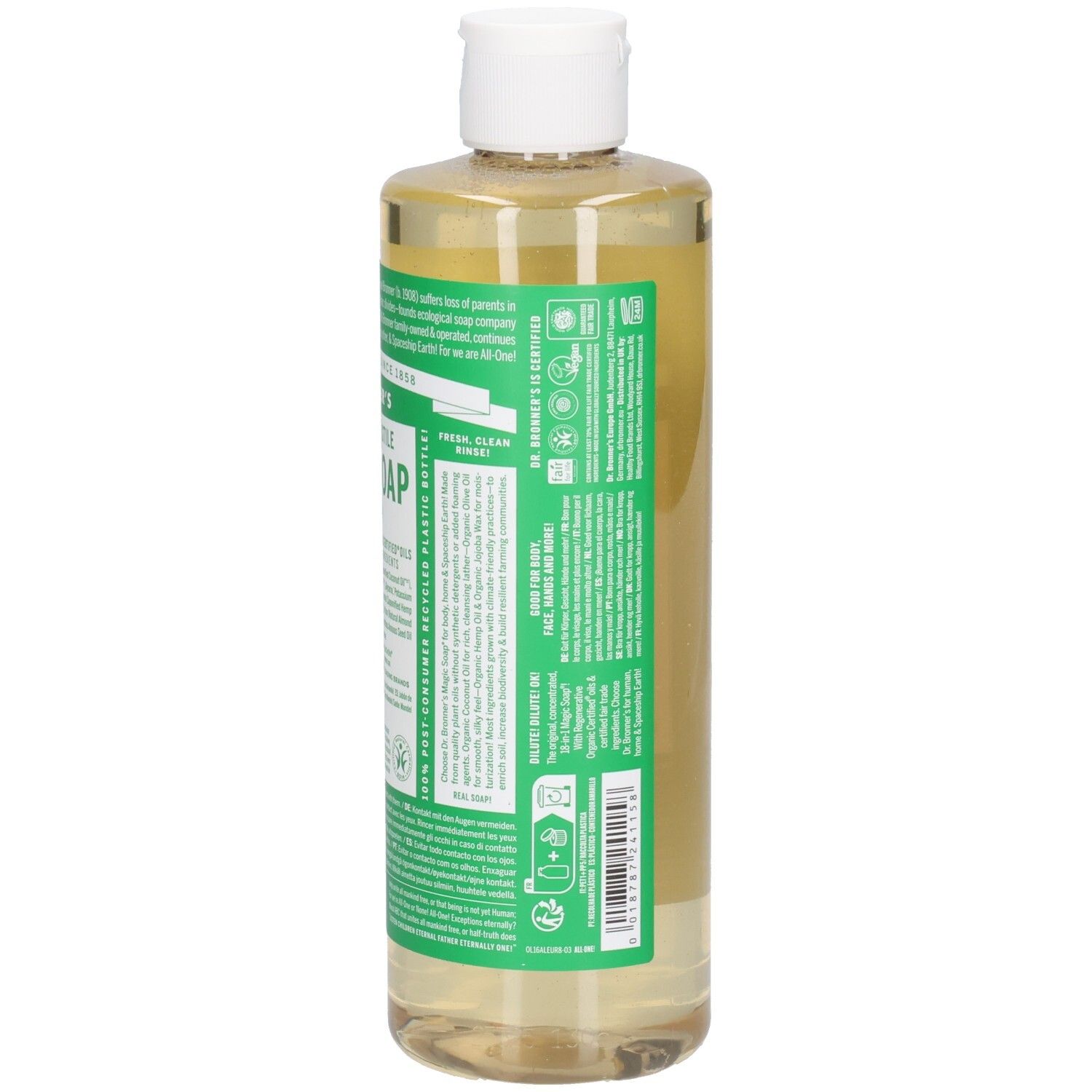 Dr. Bronner's Almond Magic Soap. Fles met witte dop. Groene en witte etiketten met productinfo. Achteraanzicht.