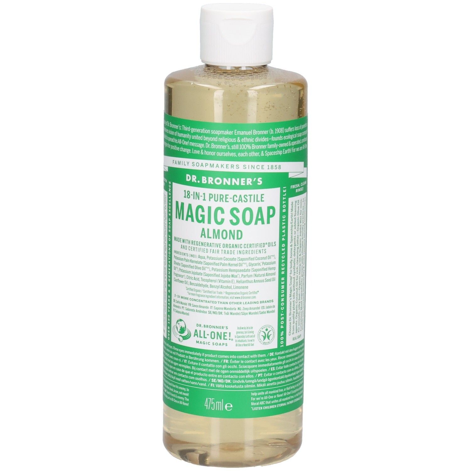 Dr. Bronner's Almond Magic Soap. Fles met witte dop. Groene en witte etiketten met productinfo. 475ml.