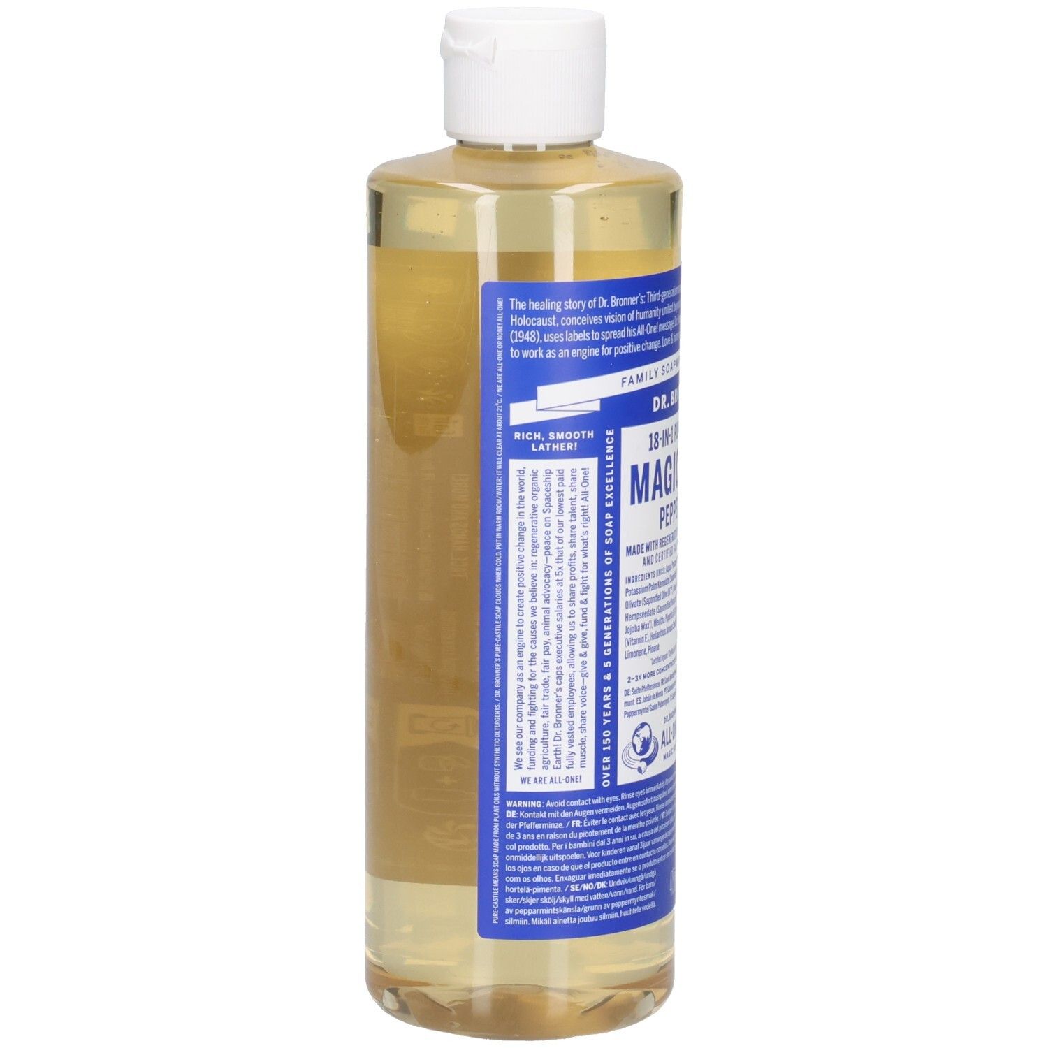 Vue arrière de la bouteille de savon Dr. Bronner's Peppermint Magic Soap. Bouchon blanc, étiquettes bleues. Texte et logos visibles.