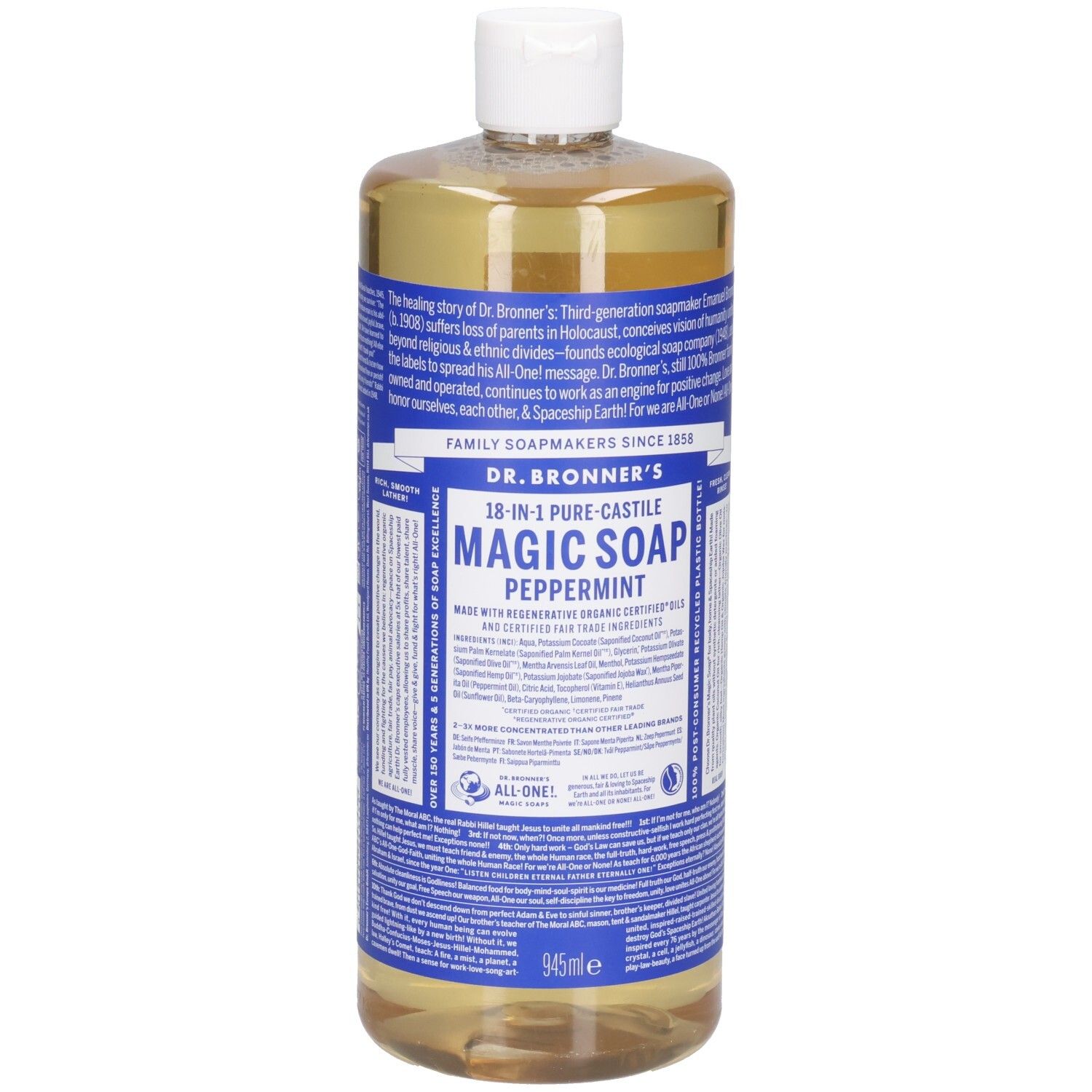 Savon magique Dr. Bronner's 945ml menthe poivrée dans une bouteille transparente avec étiquette bleue.