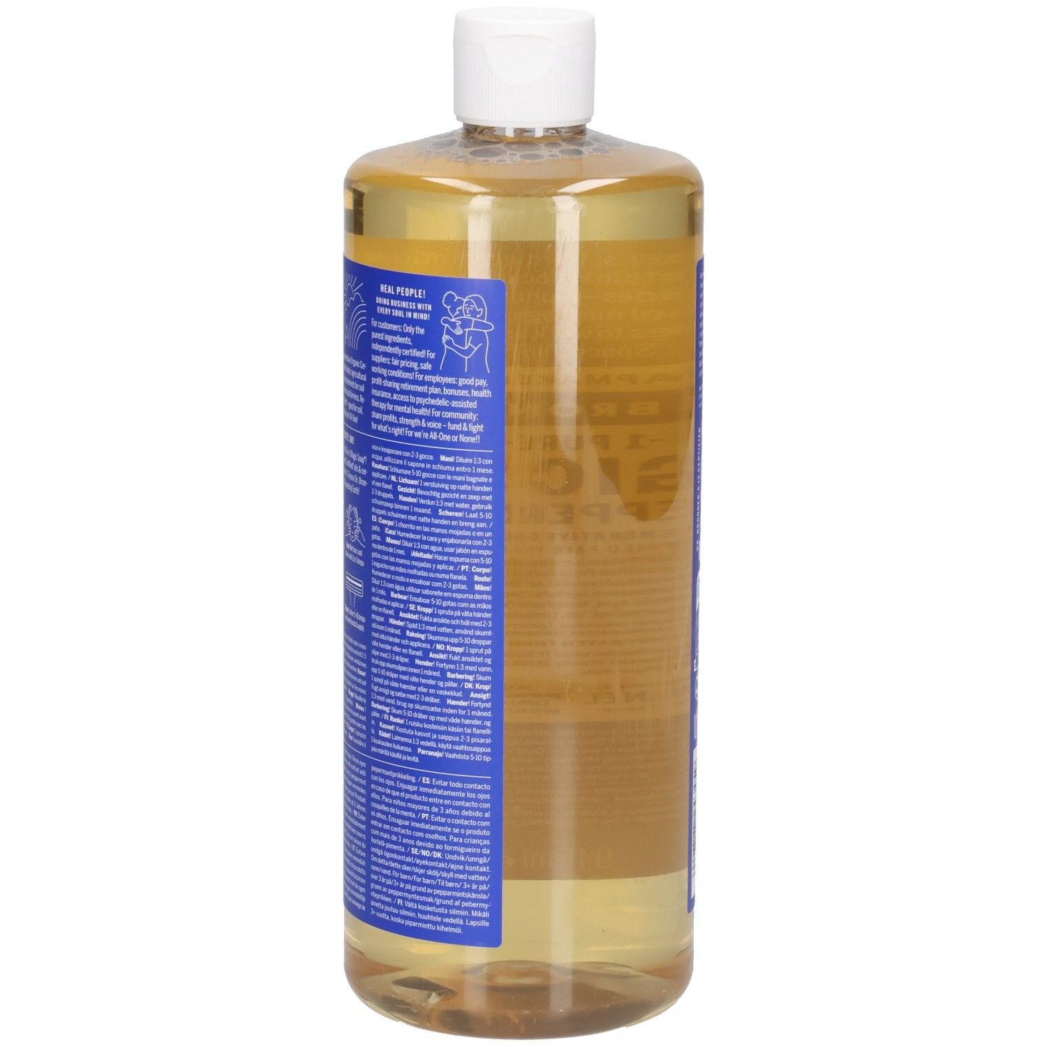 Liquide clair et jaunâtre dans une bouteille transparente avec un bouchon blanc et une étiquette bleue.