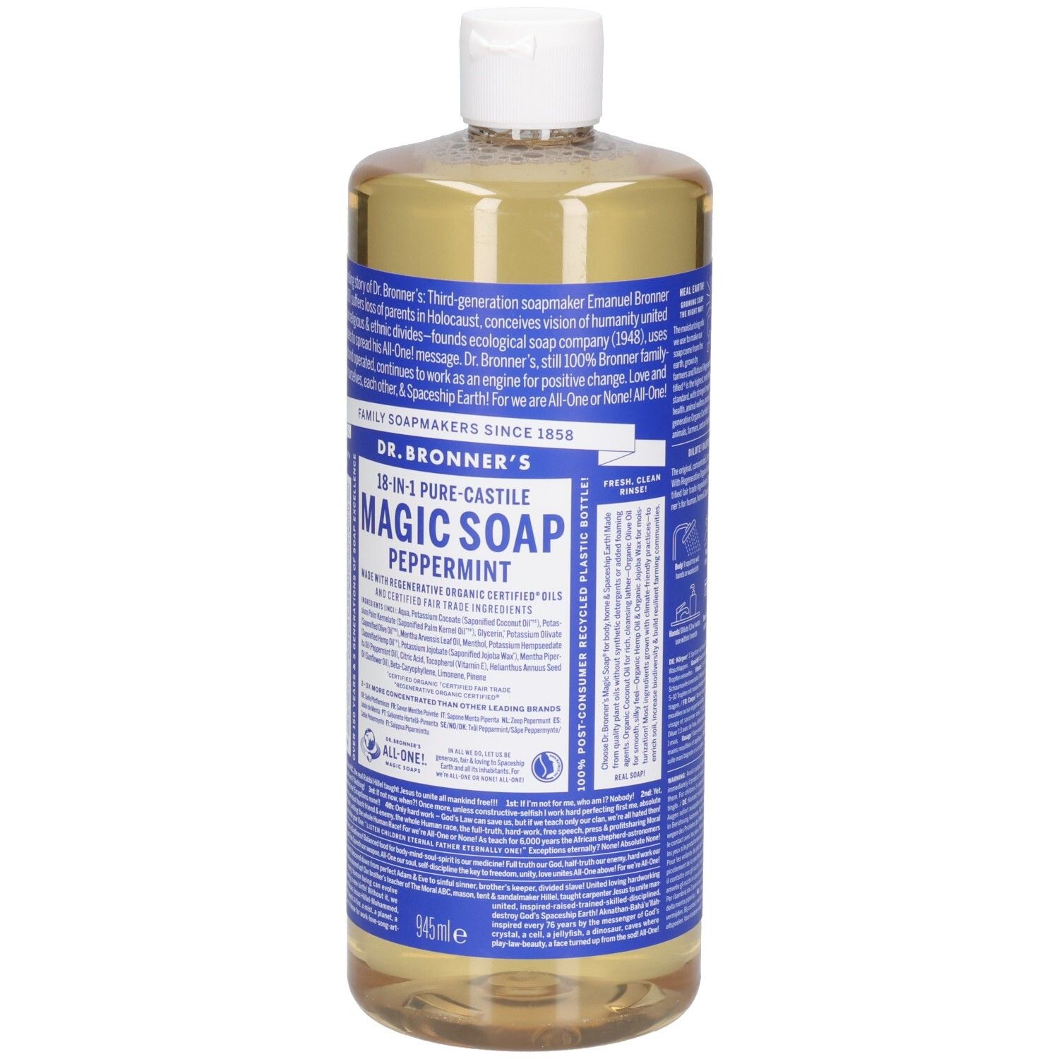 Savon magique Dr. Bronner's 945ml menthe poivrée dans une bouteille transparente avec étiquette bleue.