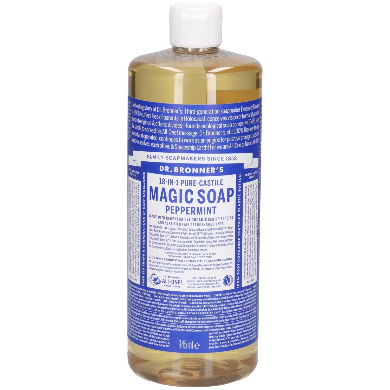 Savon magique Dr. Bronner's 945ml menthe poivrée dans une bouteille transparente avec bouchon blanc.