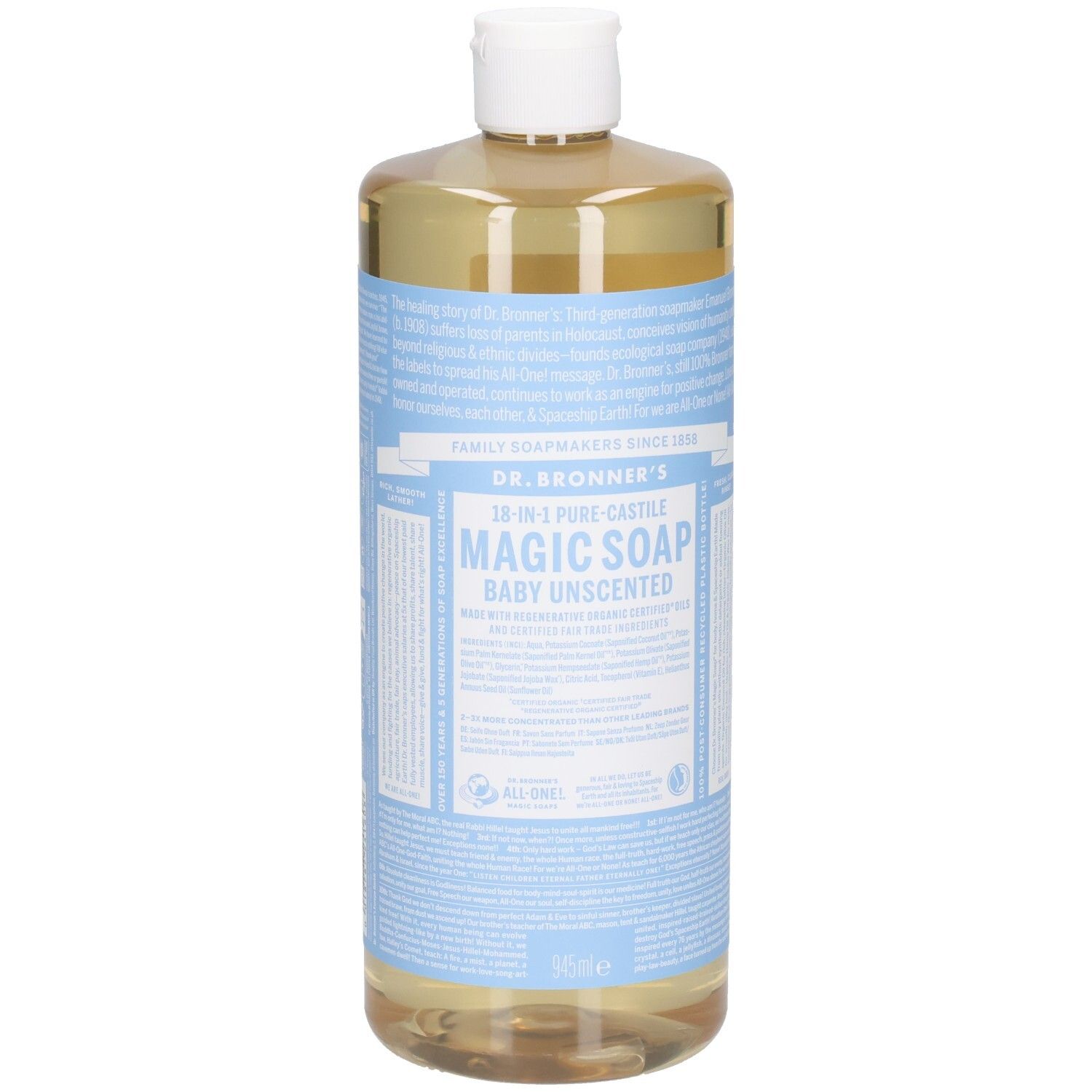 Fles Dr. Bronner's Magic Soap, Baby Unscented. Lichtbruine vloeistof in een transparante fles met witte dop en blauw etiket.