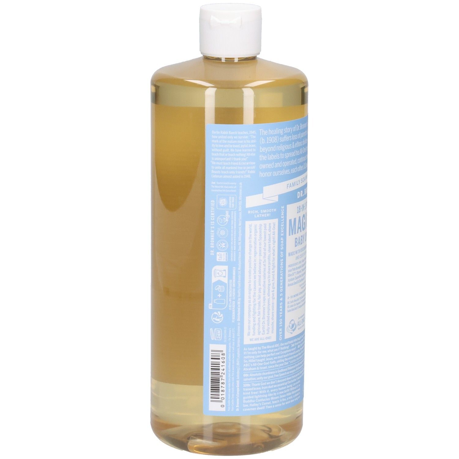 Dr. Bronner's Magic Soap, Baby Unscented, in een transparante fles met witte dop. De fles wordt van opzij getoond, met een blauw etiket.