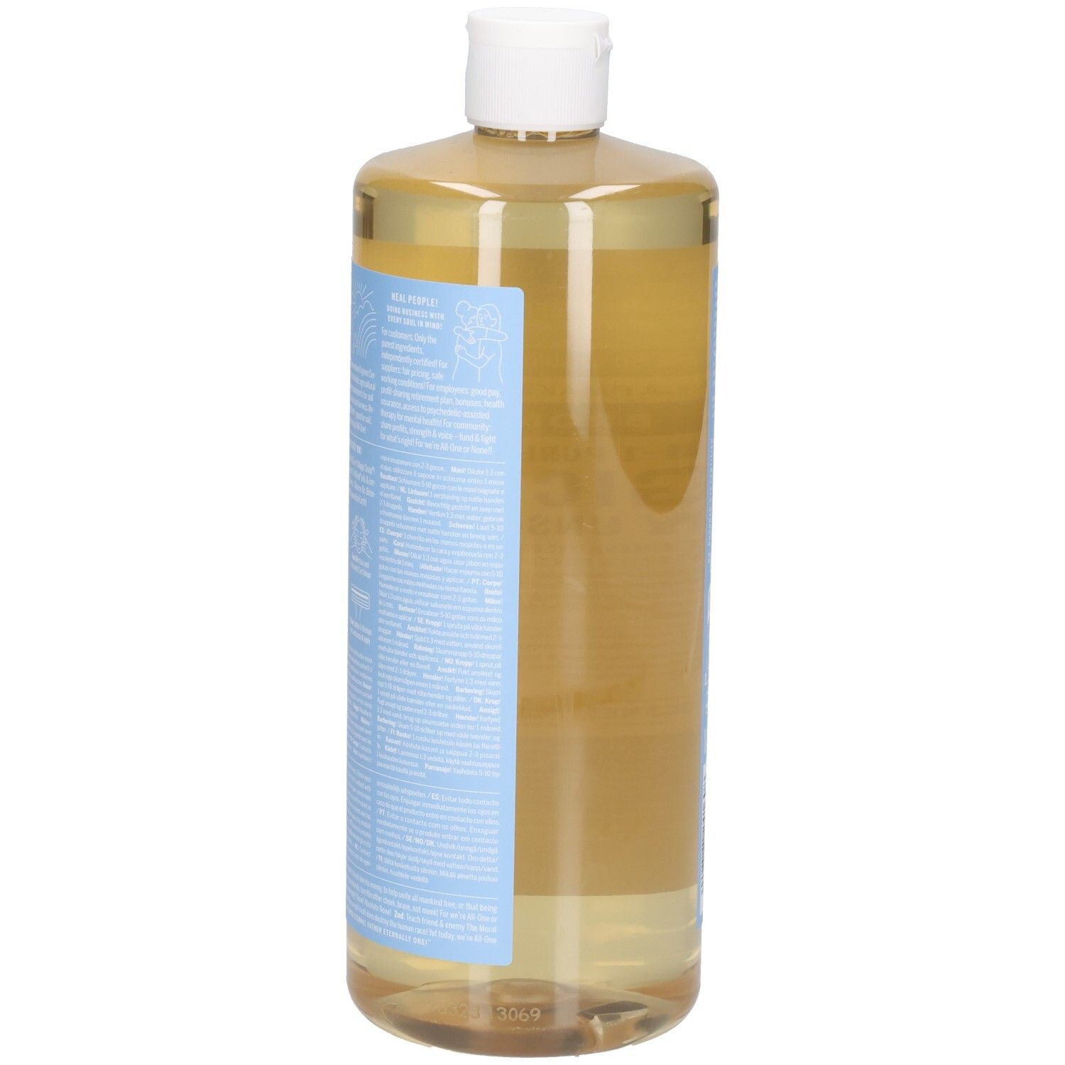 Een fles Dr. Bronner's Magic Soap, Baby Unscented. De fles wordt van opzij getoond, met een blauw etiket.
