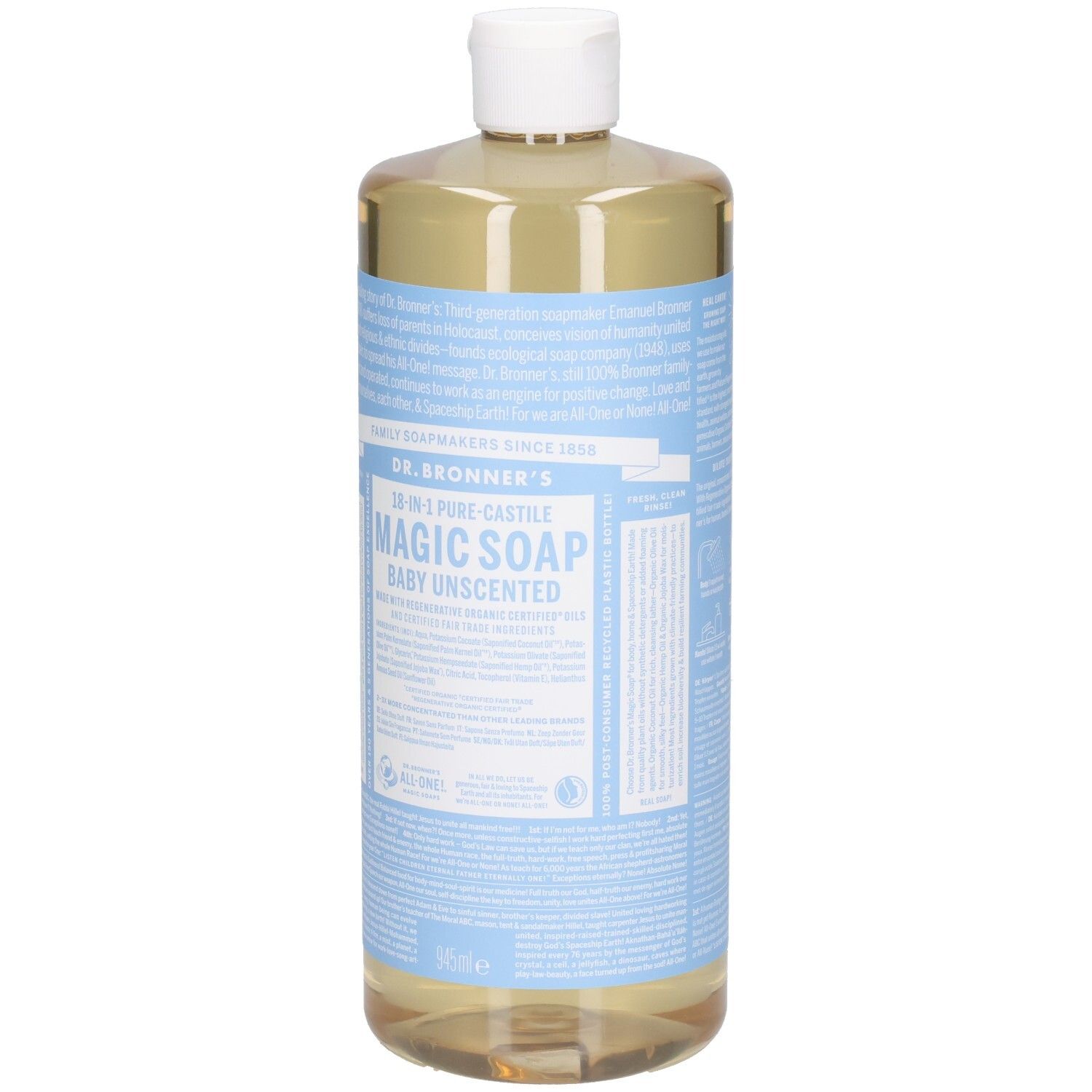 Fles Dr. Bronner's Magic Soap, Baby Unscented. Lichtbruine vloeistof in een transparante fles met witte dop en blauw etiket.