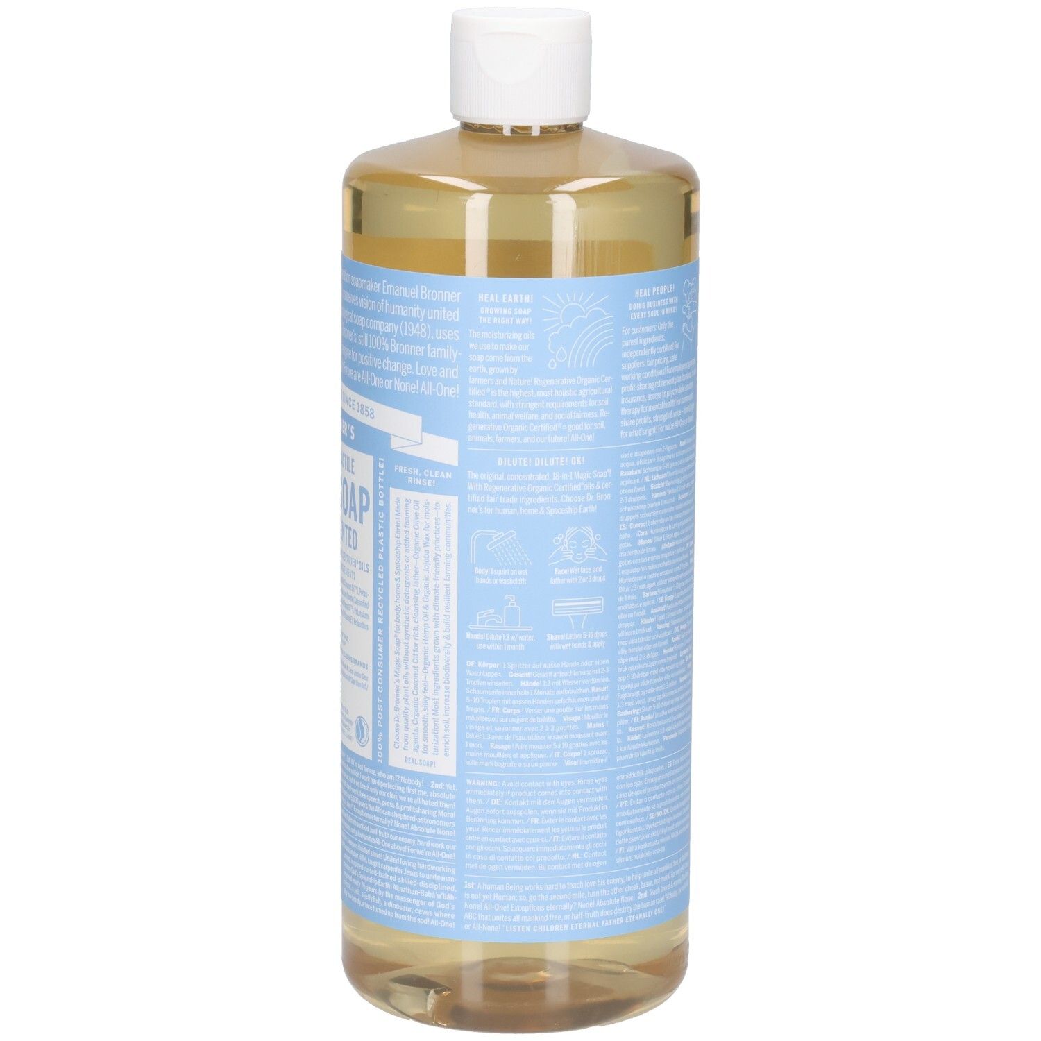 Fles Dr. Bronner's Magic Soap, Baby Unscented. Lichtbruine vloeistof in een transparante fles met witte dop en blauw etiket.