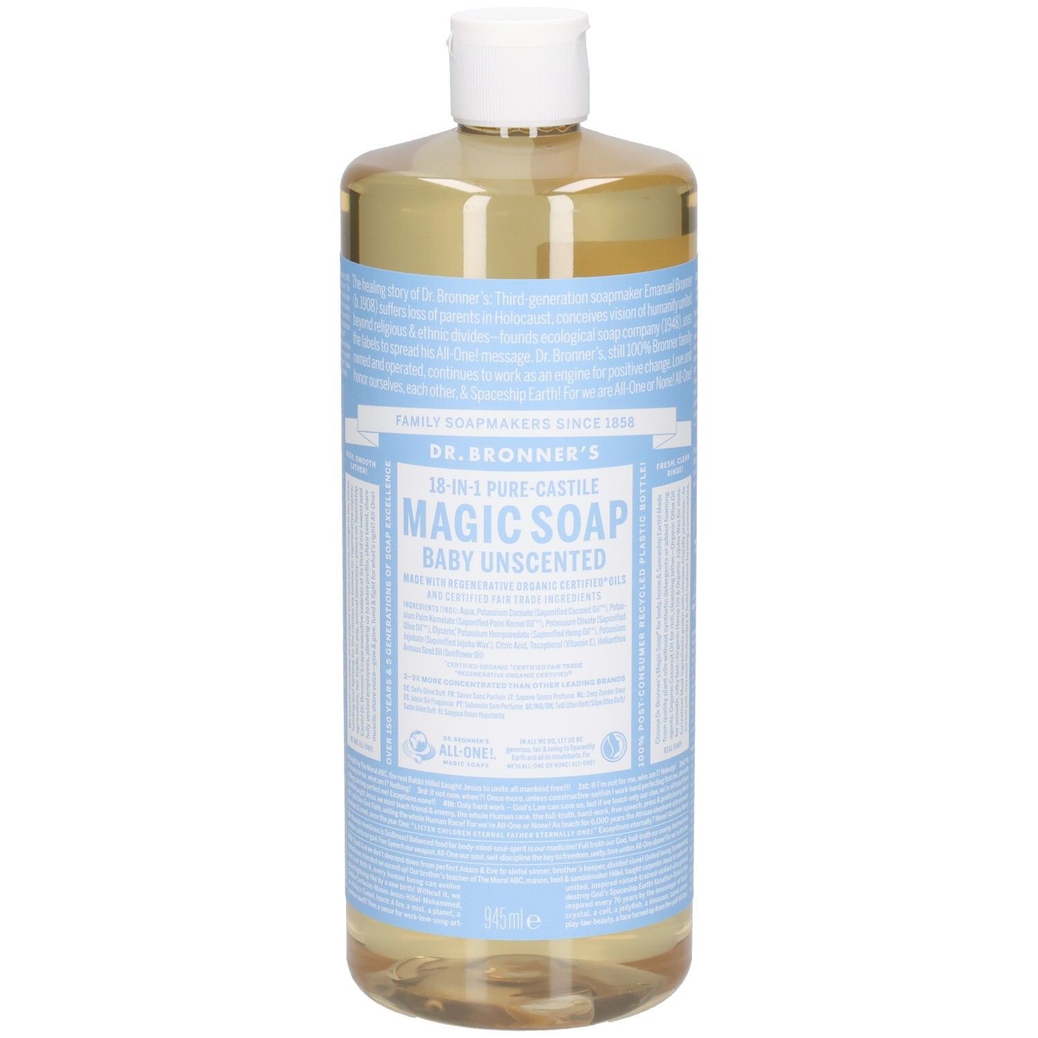 Fles Dr. Bronner's Magic Soap, Baby Unscented. Lichtbruine vloeistof in een transparante fles met witte dop en blauw etiket.