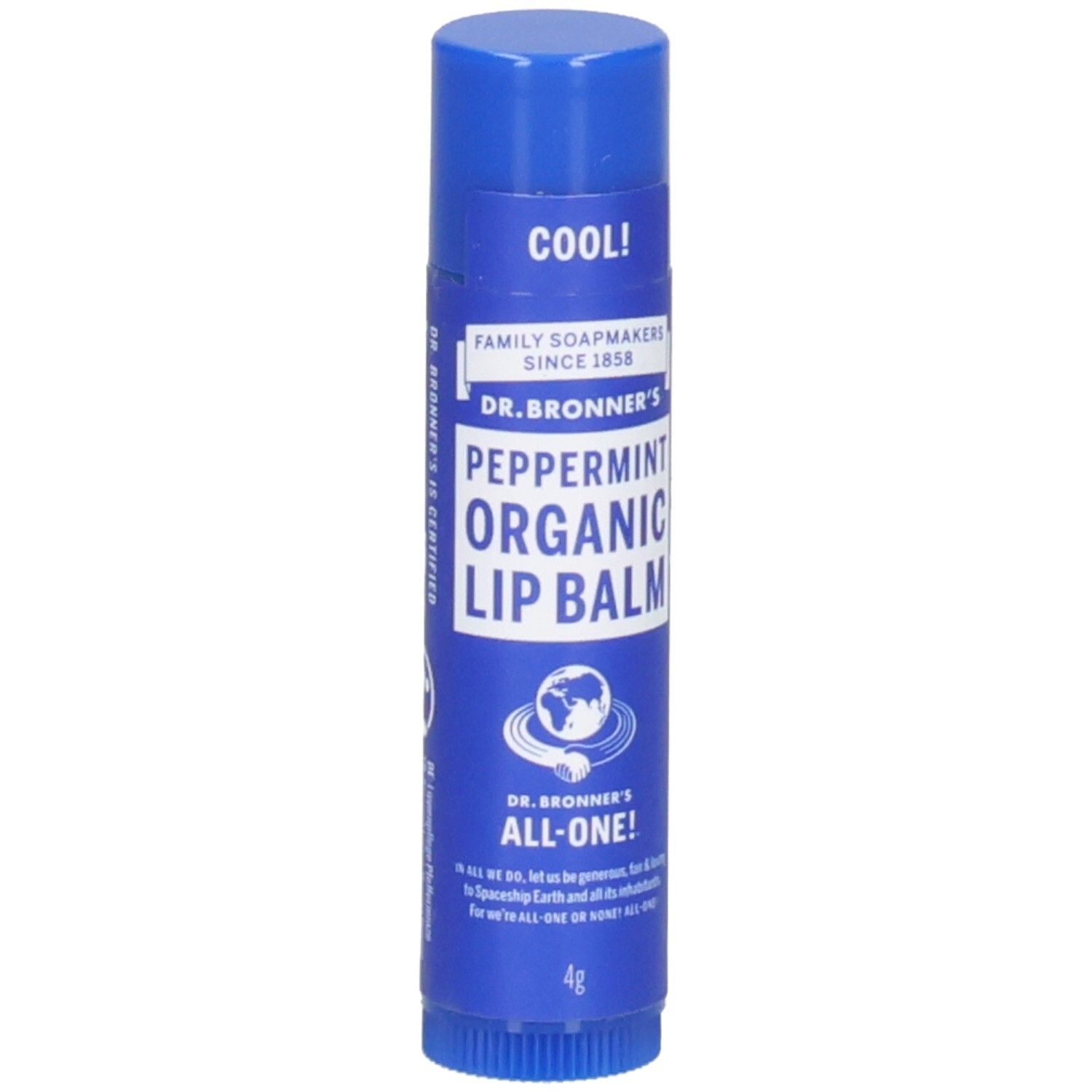 Blauwe lippenbalsem van Dr. Bronner's. Opschrift: Peppermint Organic Lip Balm. Met 'COOL!' en 'ALL-ONE!'