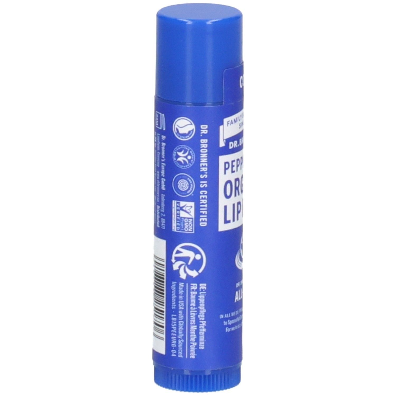 Blauwe lippenbalsem van Dr. Bronner's. Achterkant met informatie en certificeringen.