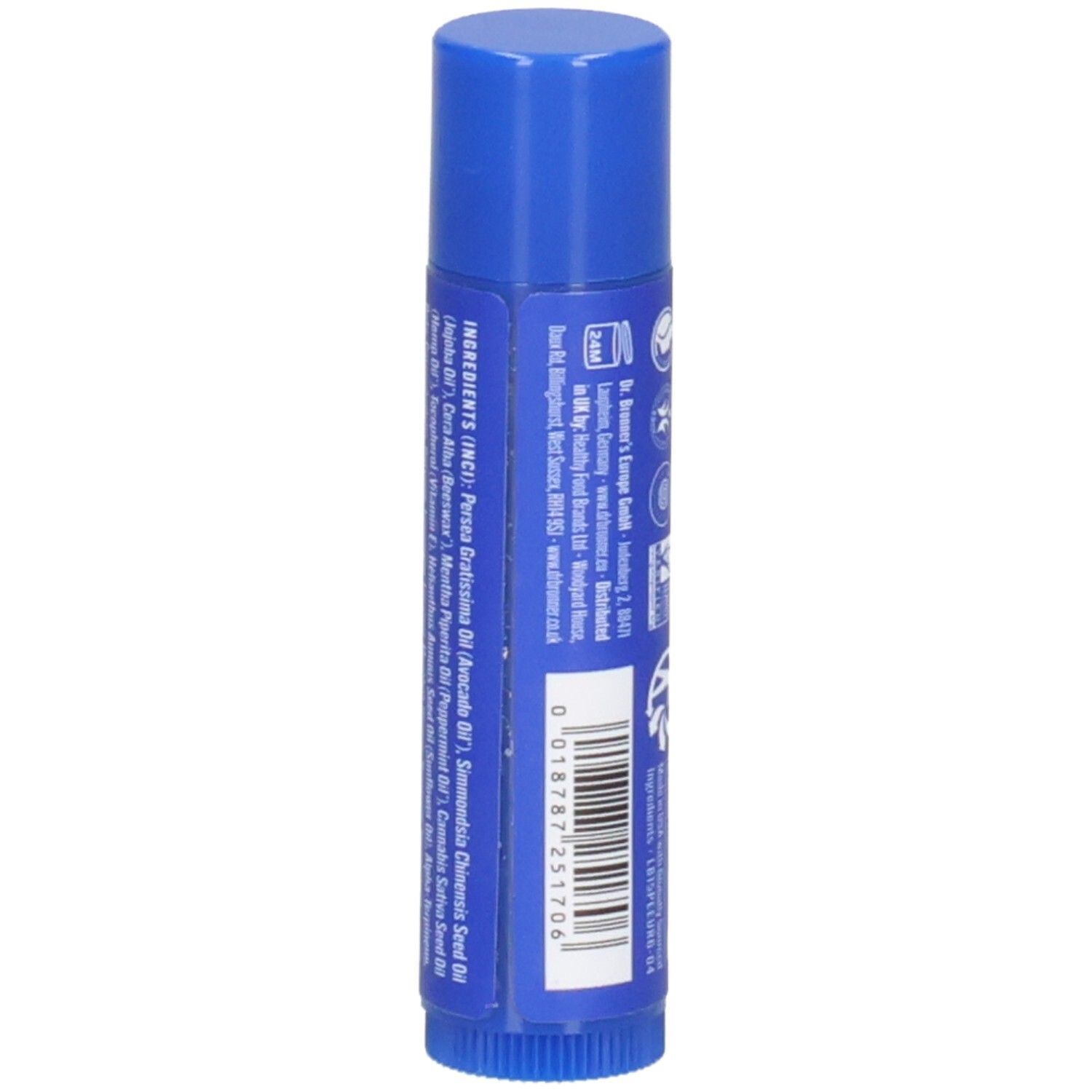 Blauwe lippenbalsem van Dr. Bronner's. Achterkant met ingrediënten en contactgegevens.