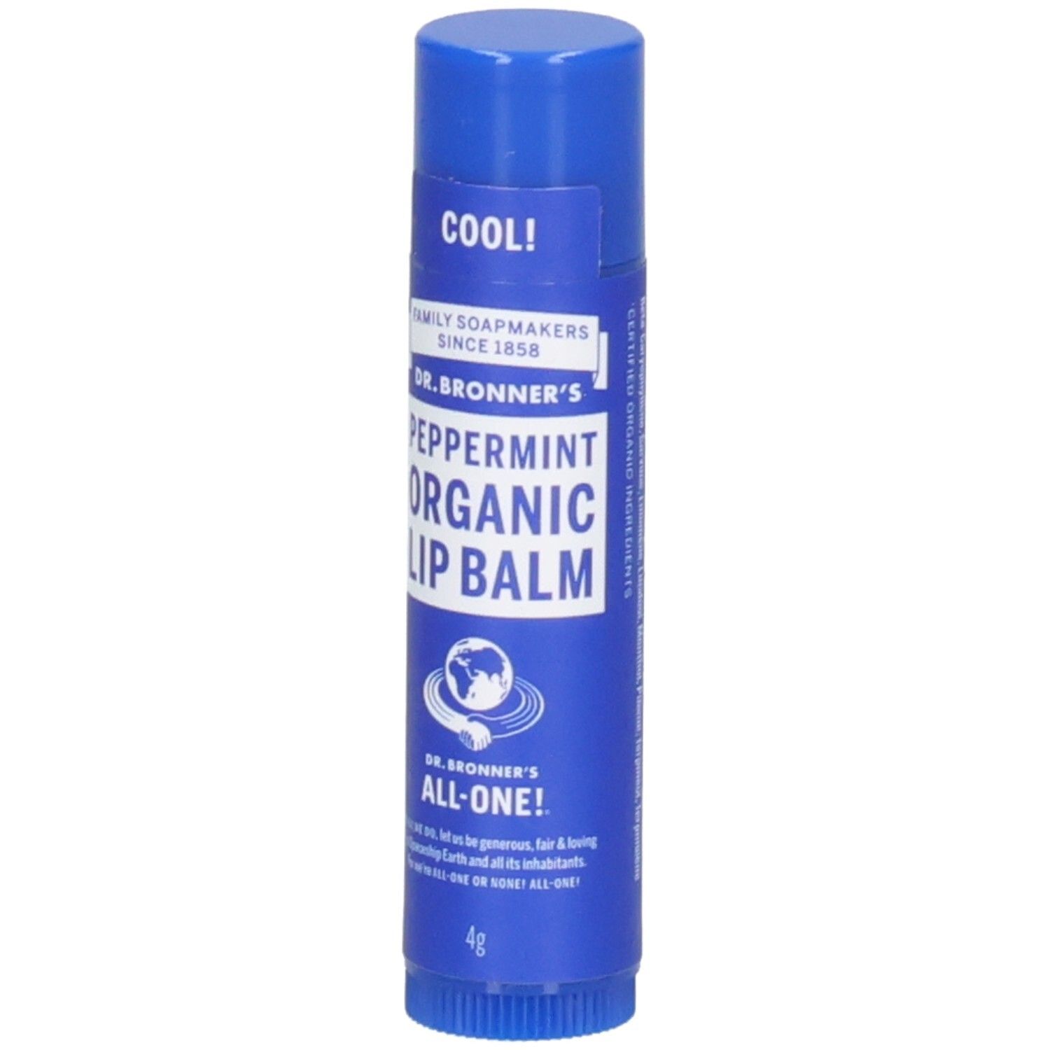 Blauwe lippenbalsem van Dr. Bronner's. Opschrift: Peppermint Organic Lip Balm. Met 'COOL!' en 'ALL-ONE!'