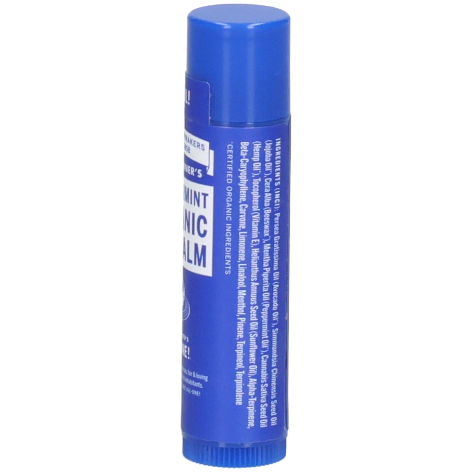 Blauwe lippenbalsem van Dr. Bronner's. Achterkant met ingrediënten.