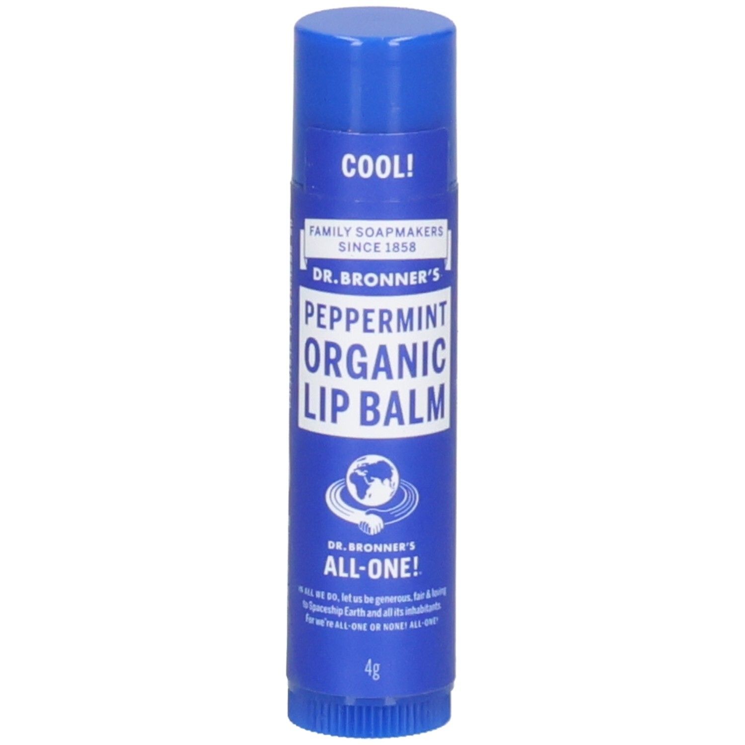 Blauwe lippenbalsem van Dr. Bronner's. Opschrift: Peppermint Organic Lip Balm. Met 'COOL!' en 'ALL-ONE!'