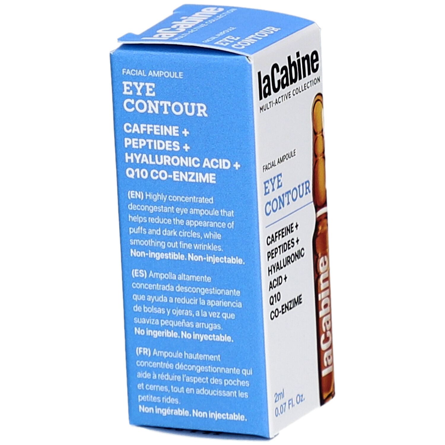 Boîte avec texte. Inscriptions: Eye Contour, Caffeine, peptides, acide hyaluronique, Q10. Non injectable.