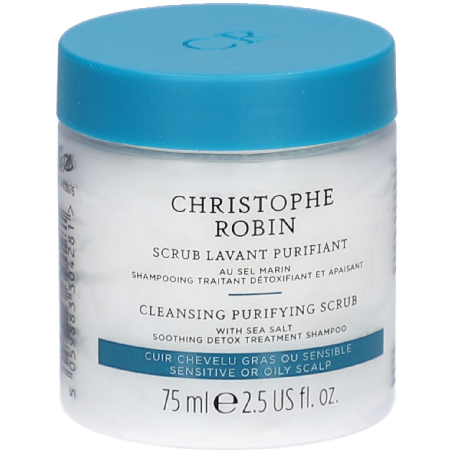 Witte pot met blauwe deksel. Opschrift: CHRISTOPHE ROBIN, SCRUB LAVANT PURIFIANT, CLEANSING PURIFYING SCRUB. Voor vette of gevoelige hoofdhuid.