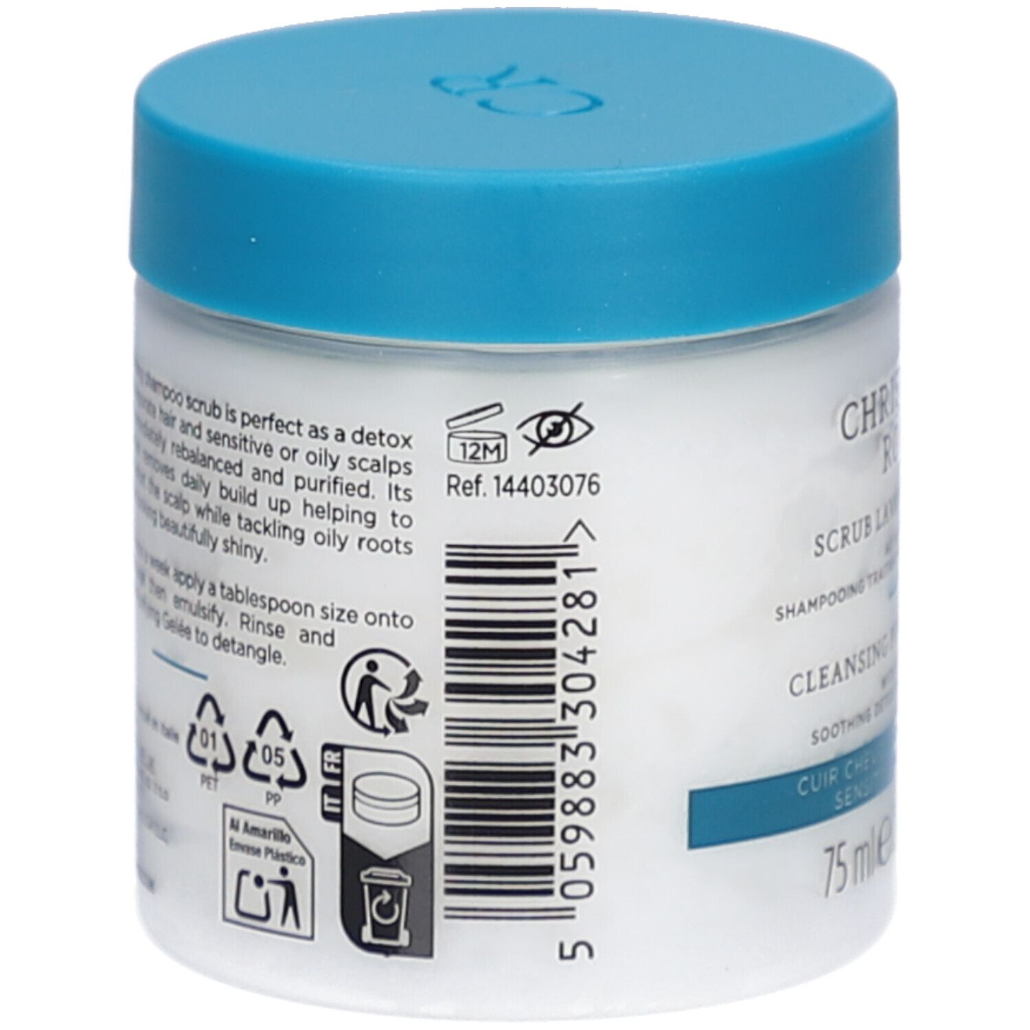 Achterkant van de witte pot met blauwe deksel. Barcode en tekst. Recyclingsymbolen. Tekst: 12M, Ref. 14403076.