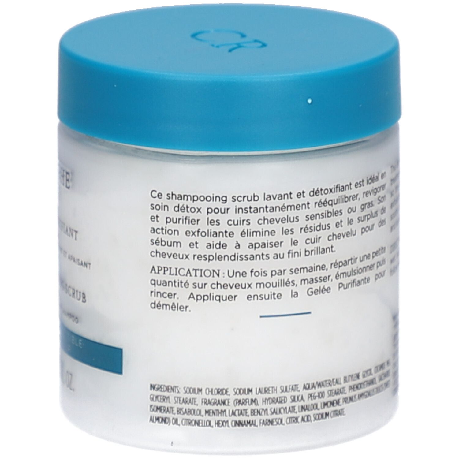 Achterkant van de witte pot met blauwe deksel. Tekst: Gebruiksaanwijzing. Ingrediënten. Adres van de fabrikant.