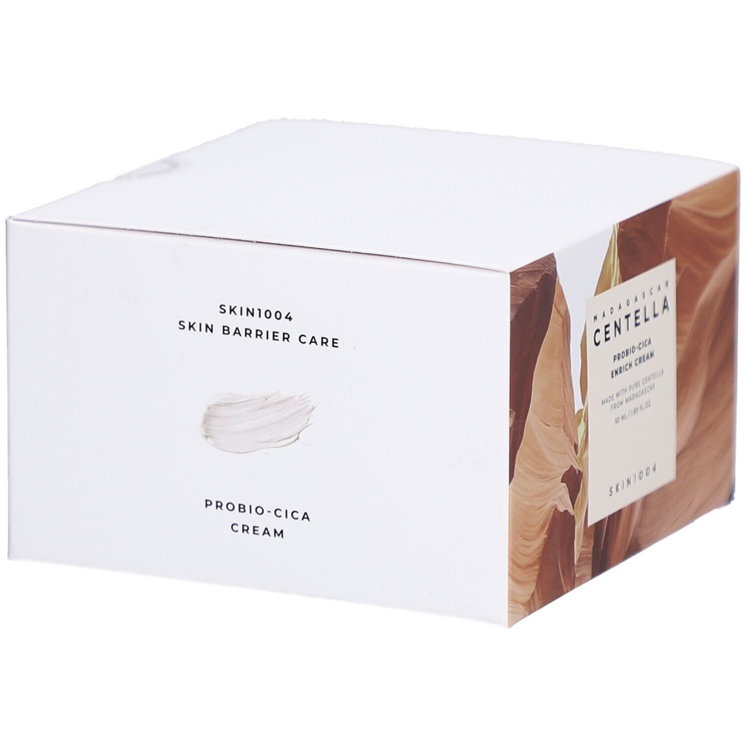 Boîte blanche avec informations produit. Texte: SKIN1004, SKIN BARRIER CARE, PROBIO-CICA CREAM.