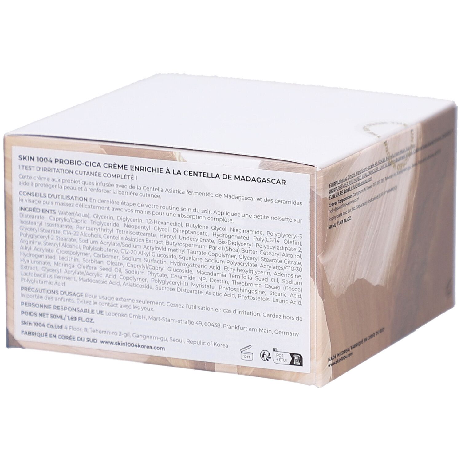 Dos de la boîte blanche. Texte: SKIN1004, informations produit, ingrédients, origine.