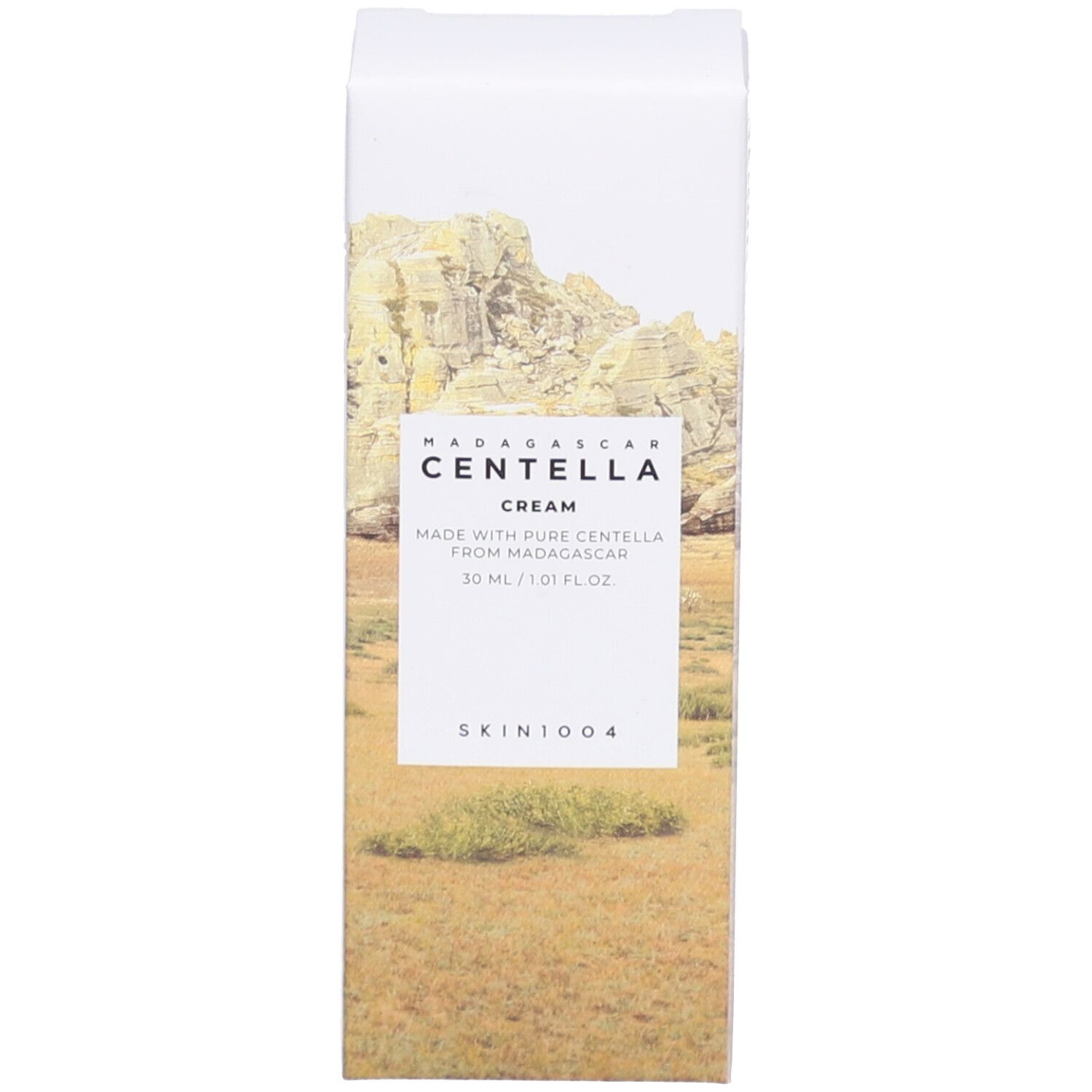 Witte verpakking met landschap. Opschrift: MADAGASCAR CENTELLA CREAM, 30 ml, SKIN1004.