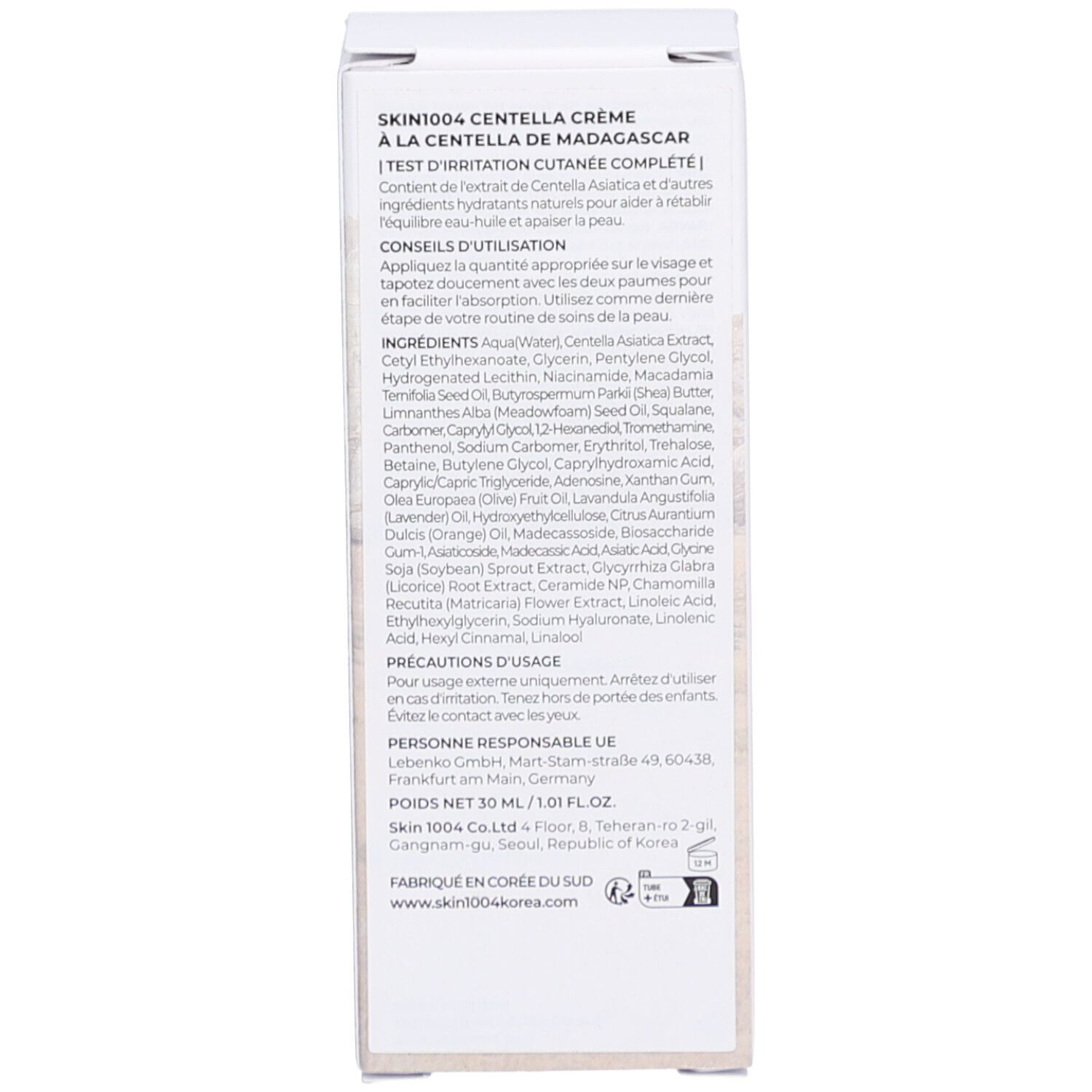 Achterkant van de verpakking. Tekst: SKIN1004 CENTELLA CRÈME, ingrediënten, gebruik, 30 ml.