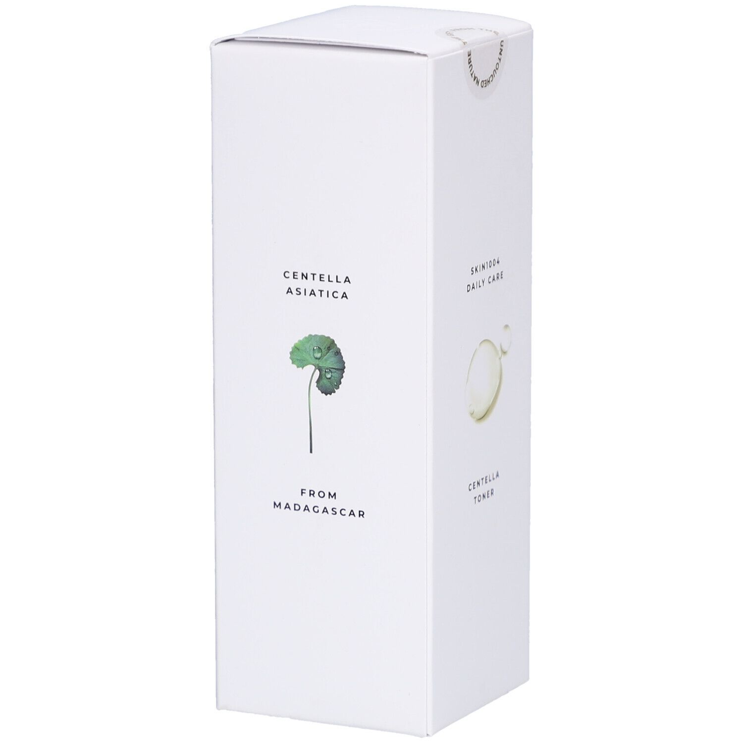 Boîte blanche avec texte et illustration. Texte: CENTELLA ASIATICA, FROM MADAGASCAR. SKIN1004 DAILY CARE, CENTELLA TONER.