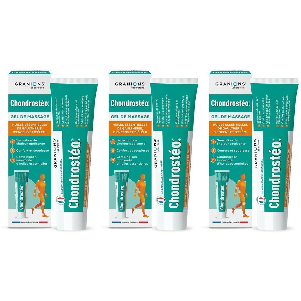Drie tubes en drie dozen. Opschrift: Chondrostéo, Gel de massage. Groen, wit en oranje. Franse vlag.