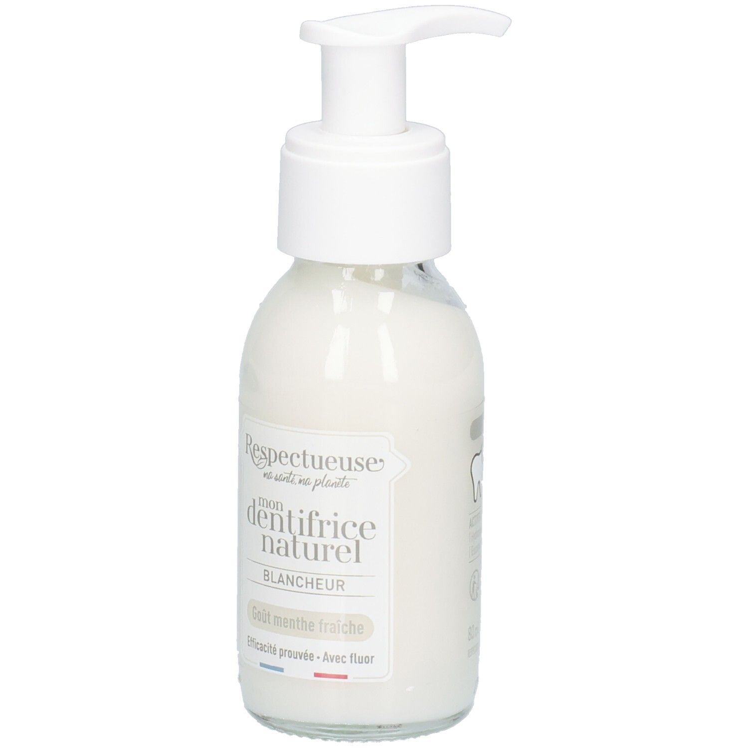 Glazen fles met witte inhoud en pomp. Opschrift: "Respectueuse mon dentifrice naturel blancheur". Smaak: frisse munt.