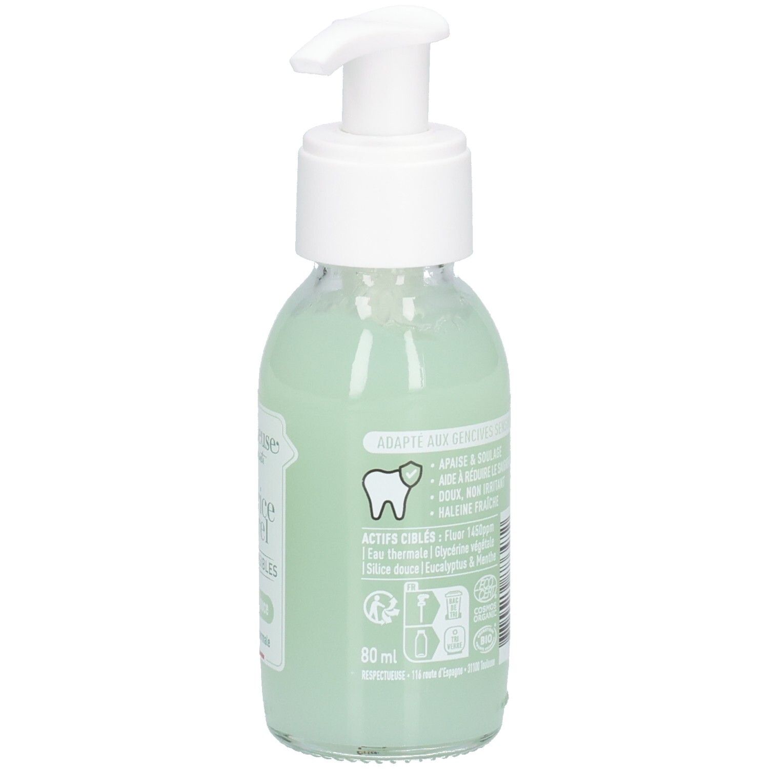 Glazen fles met witte pomp, groene vloeistof. Label met tekst en tand-icoon. 80 ml.