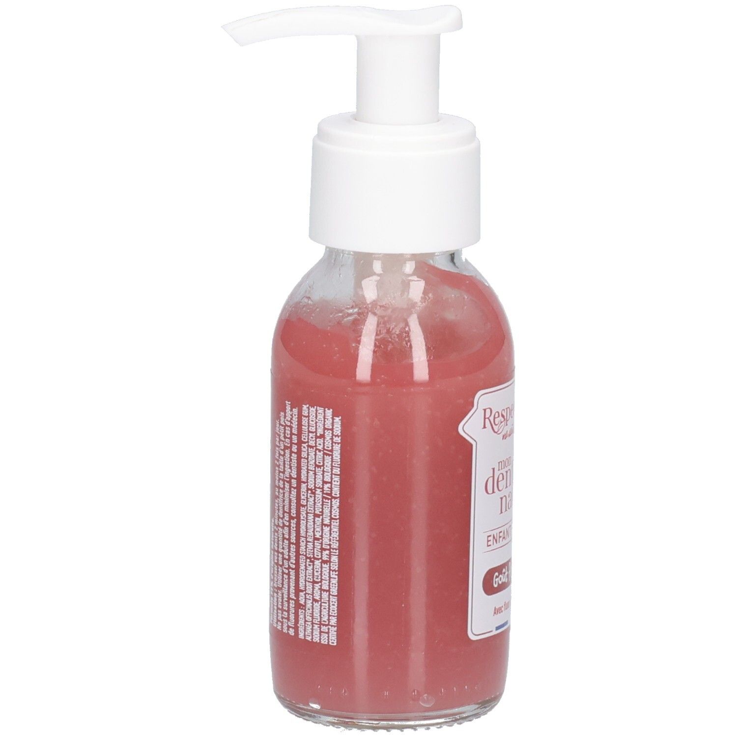 Glazen fles met roze vloeistof en witte pomp. Witte tekst op de zijkant.