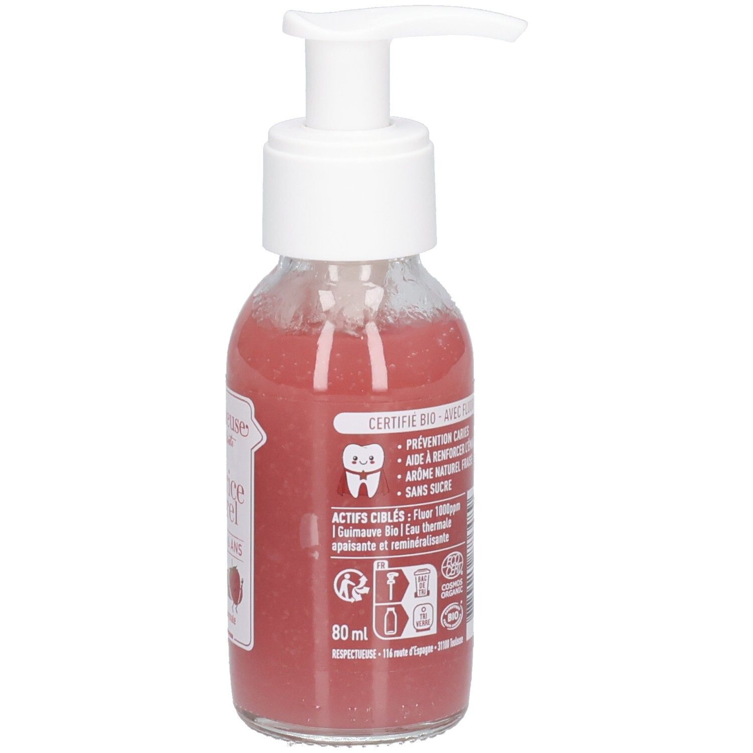 Glazen fles met roze vloeistof en witte pomp. Opschrift: "BIO", tekst en logo's, 80 ml.