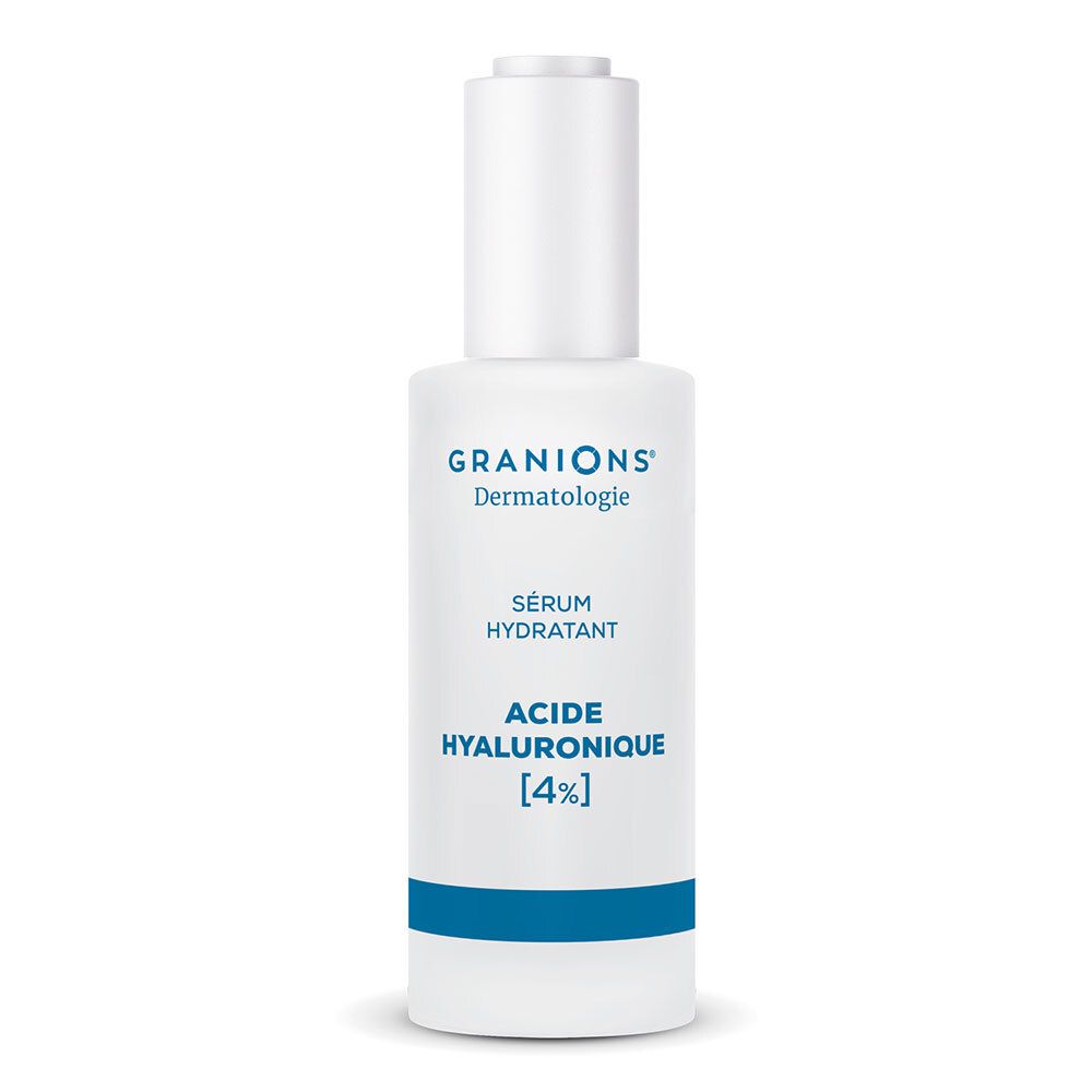 Witte fles met blauwe streep. Bevat serum. Tekst: GRANIONS Dermatologie, Sérum Hydratant, ACIDE HYALURONIQUE [4%].